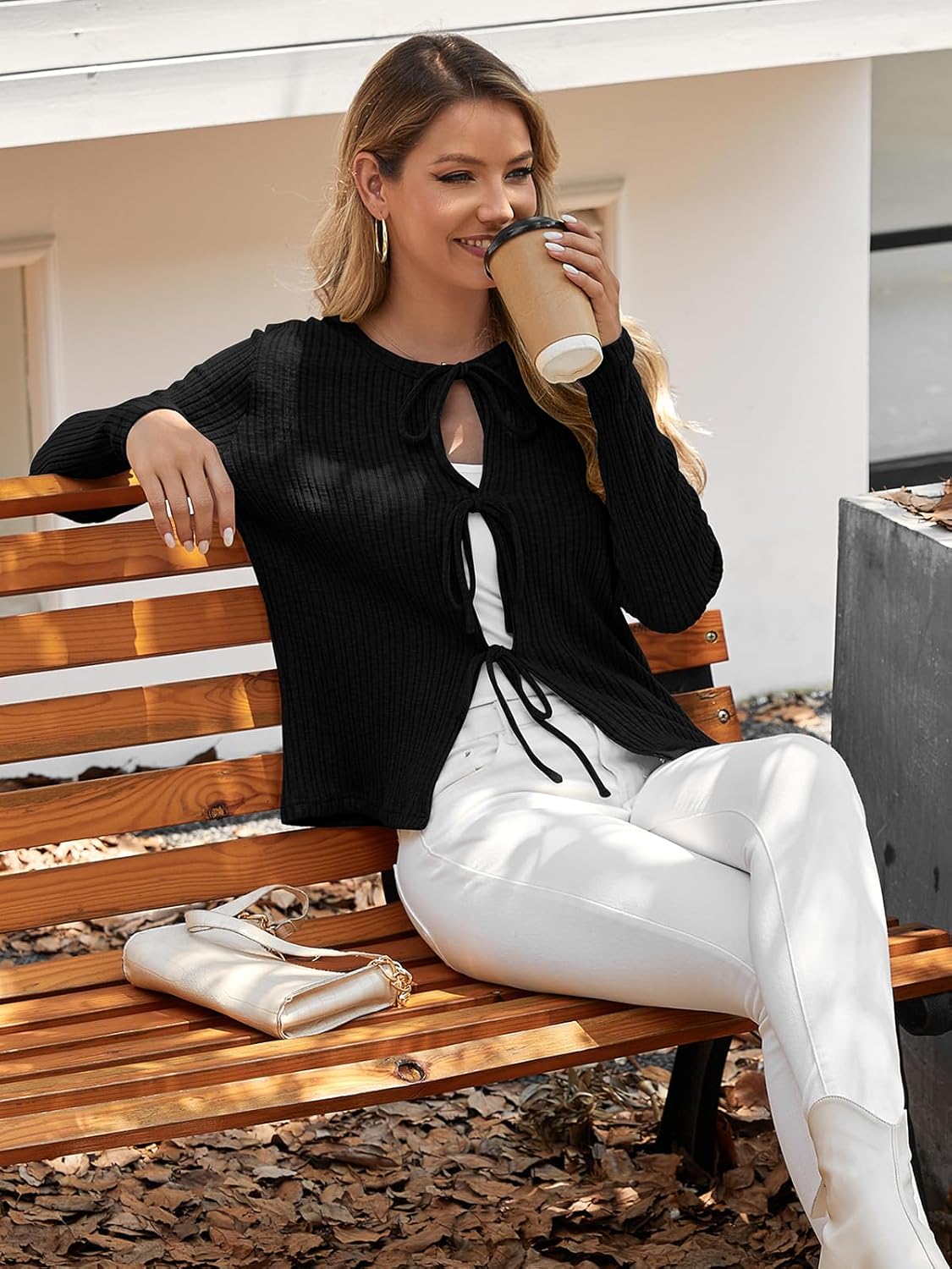 Tie Front Cardigan for Women 2025 Lightweight Cropped Ribbed Knit Shrug Fall Open Front Bow Cardigan Tops - Image 4