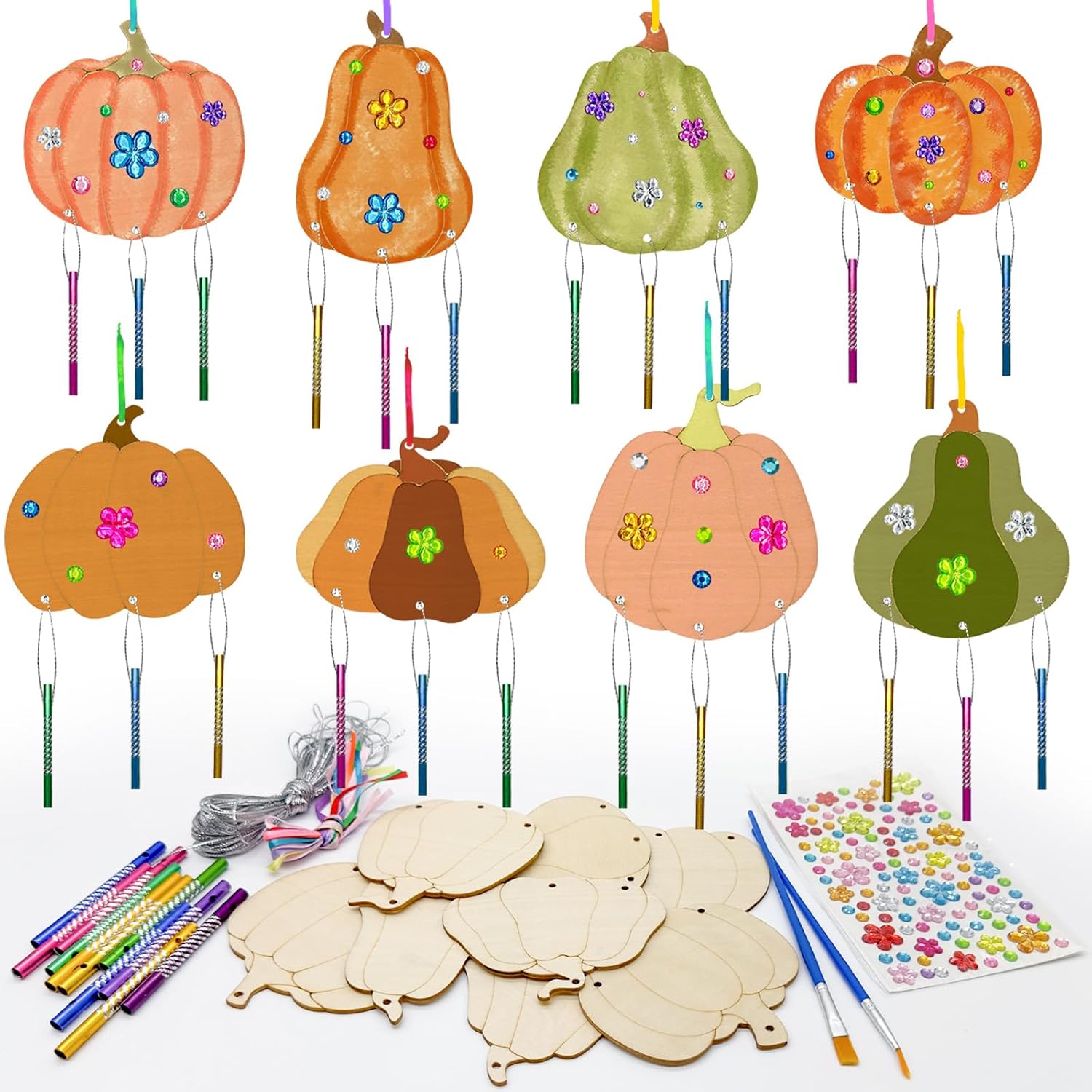 Cinrobiye 16 Pack Fall Wind Chime Kit，Thanksgiving Wind Chime Wooden Paint Arts Ornaments Decorations Autumn Pumpkin DIY Coloring Craft for Classroom Halloween DIY Art Activity Birthday Party Supplies