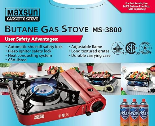 Miniatura 8 de Maxsun - Estufa de gas portátil MS3800 (rojo), 9,560 BTU de alta potencia, estufa de campamento, para exteriores e interiores, con estuche de