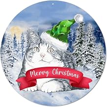Round Metal Tin Sign Plaque Merry Christmas Deer Cat Vintage Wreath Sign Rustic Home Bar Sign Plaque Nostalgic Metal Art Prints for Garden Patio Christmas Xmas Day Decor 9 Inch