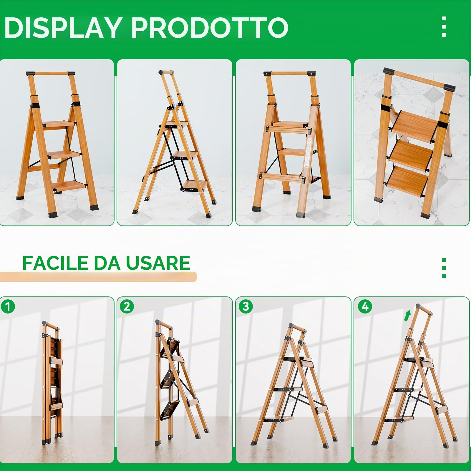 KULACO Scala multifunzione a 3 gradini antiscivolo, venature in legno, alluminio, fino a 150 kg