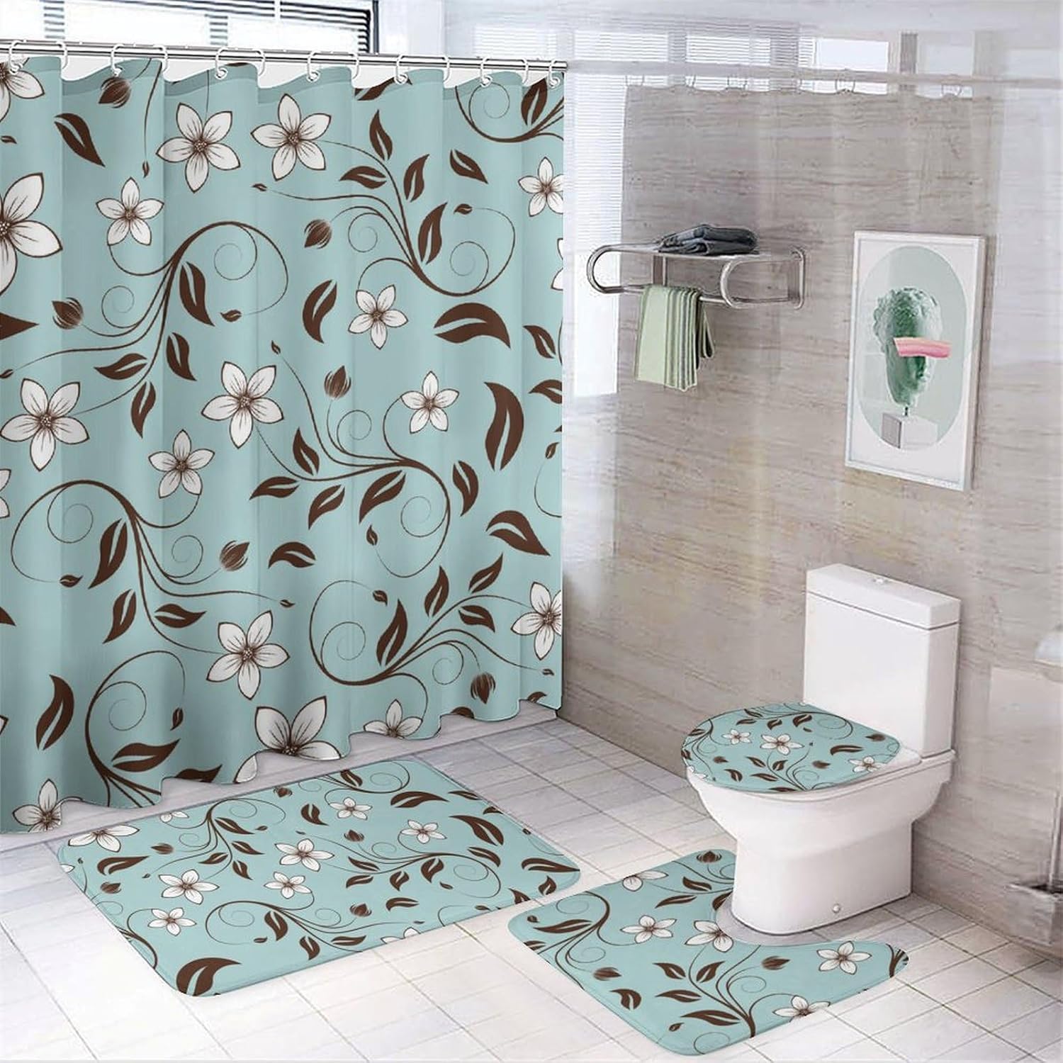 Rideaux de douche bohème vintage avec tapis de bain et accessoires floraux