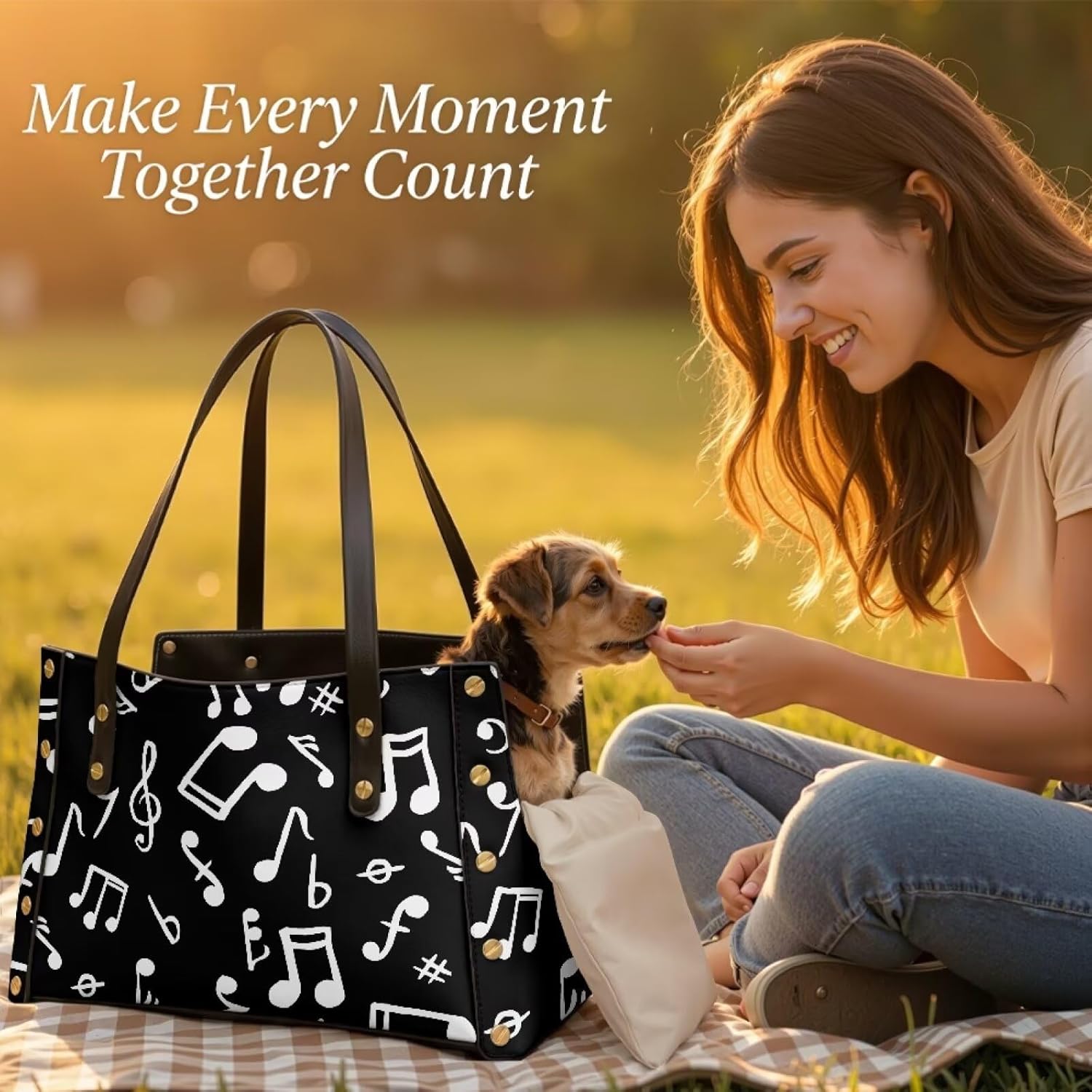 Musical Note Small Dog Carrier Purse Leather Puppy Cat Rabbit Carrier Tote Waterproof Pet Travel Handbag for Shopping, Hiking and Walking Dog Travel Supplies Hand-Carry