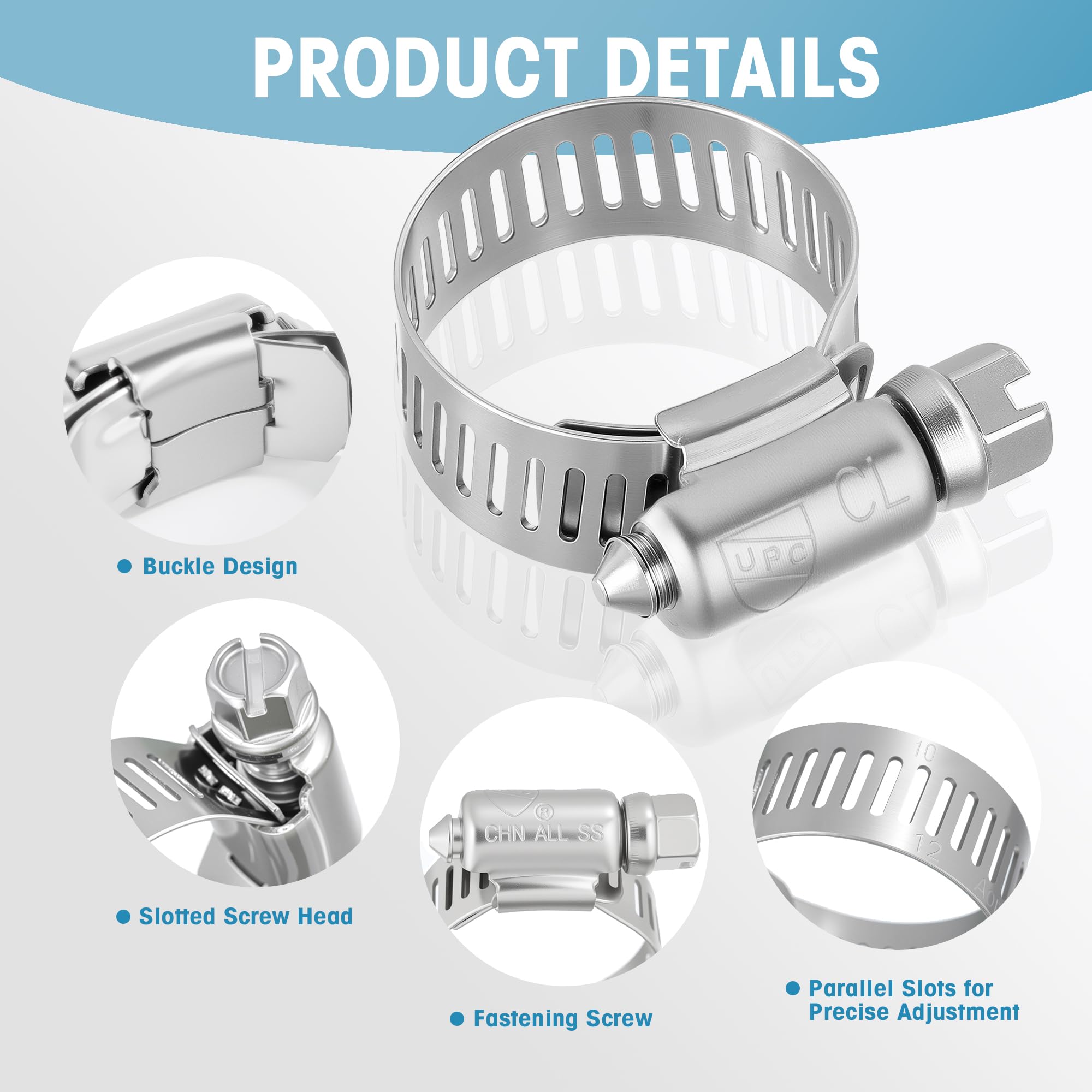 FARRAY Kit surtido de 150 abrazaderas de manguera, ajustables de 6 a 51 mm, abrazaderas de manguera de engranaje sin fin de acero inoxidable 304 para fontanería, automoción y aplicaciones mecánicas