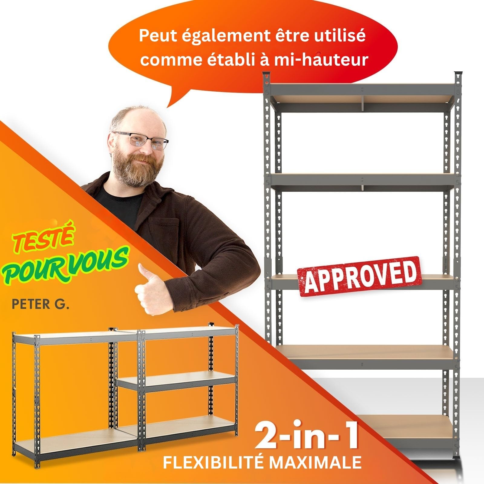 Étagères pour Charges Lourdes - Étagères Enfichables avec 5 tablettes à Hauteur réglable – Rayonnages en métal Idéal pour Cave Garage Entrepôt Stockage, Rhino (Gris, 180 x 90 x 45 cm (HxLxl))