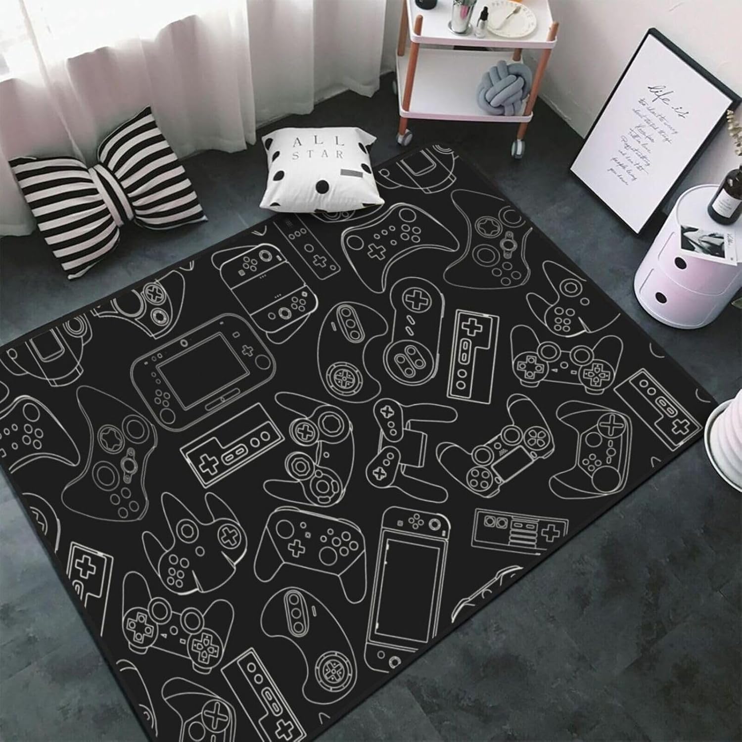 Video Game Controller Black Area Rug Non-Slip Soft Microfiber Washable Inside Floor Mats Throw Rug Carpet for Living Room Bedroom Office Dorm Home Decor, 72x48 Mat
