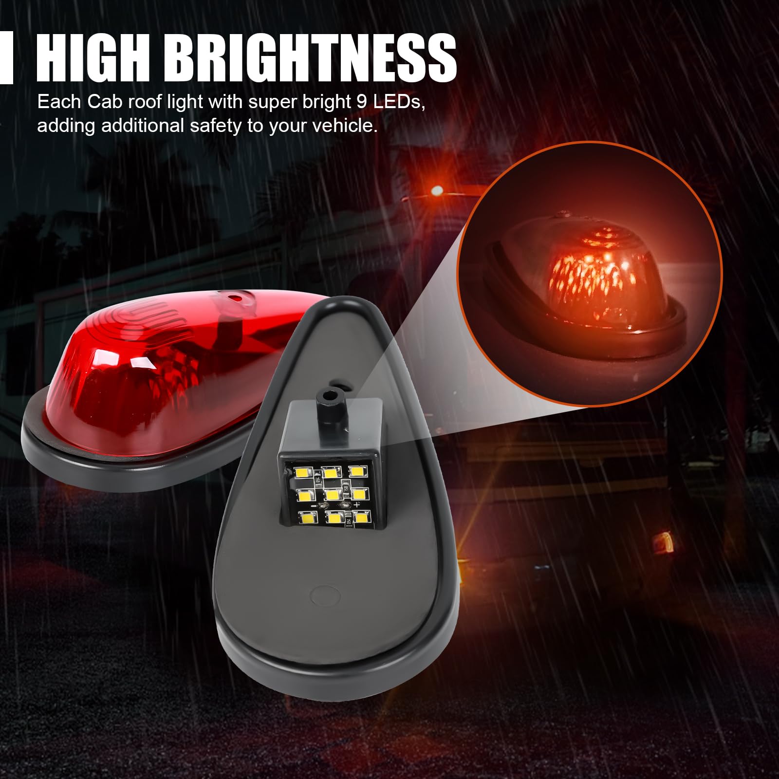 5 luci rosse a goccia per cabina a 9 LED, luce di posizione anteriore superiore per tettuccio con cavi e kit di montaggio per camion, pickup, furgoni, semis e camper