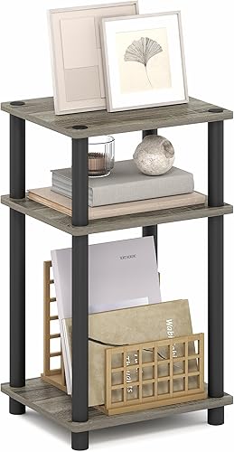 Miniatura 16 de Furinno Just Turn-N-Tube Mesita lateral auxiliar y de noche de 3 niveles con postes de plástico, paquete de 2 unidades, roble americano/negro