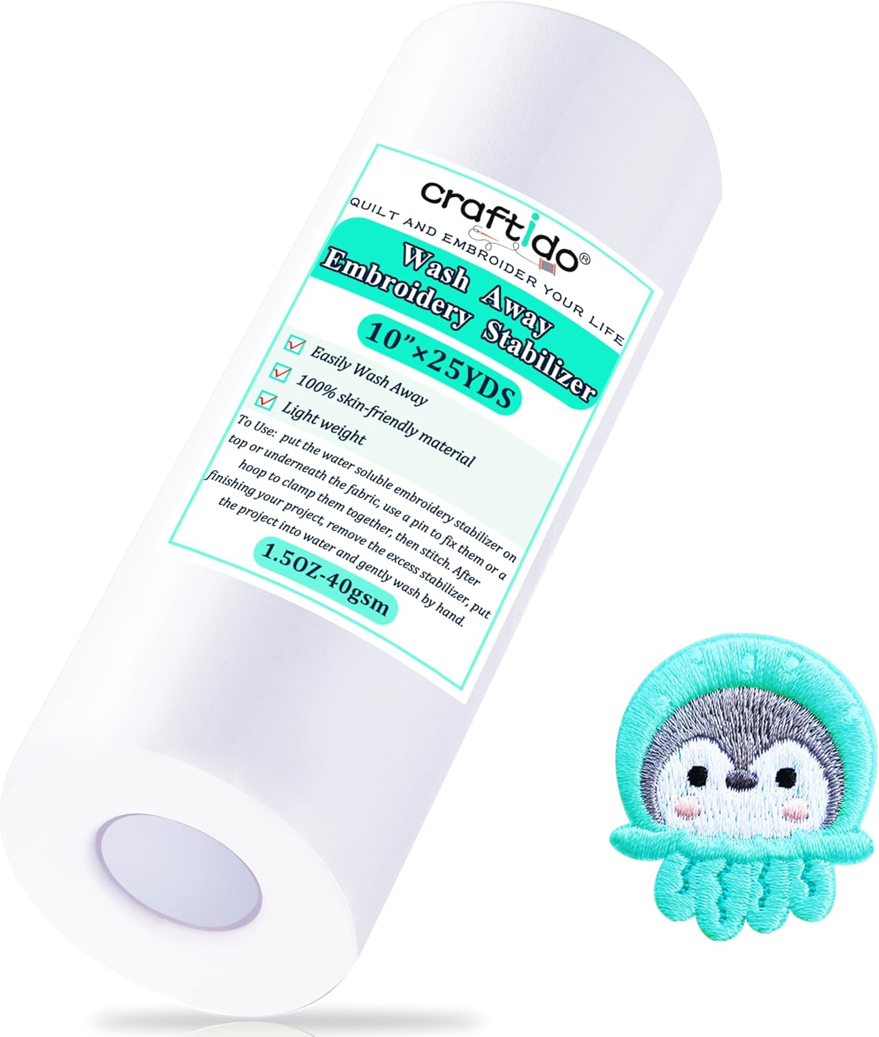 Craftido Wash Away/Water Soluble Embroidery Stabilizer Backing&Topping 10" x 25 Yd/roll for Most Hoops 1.5oz Light Weight for Machine Embroidery and Hand Sewing