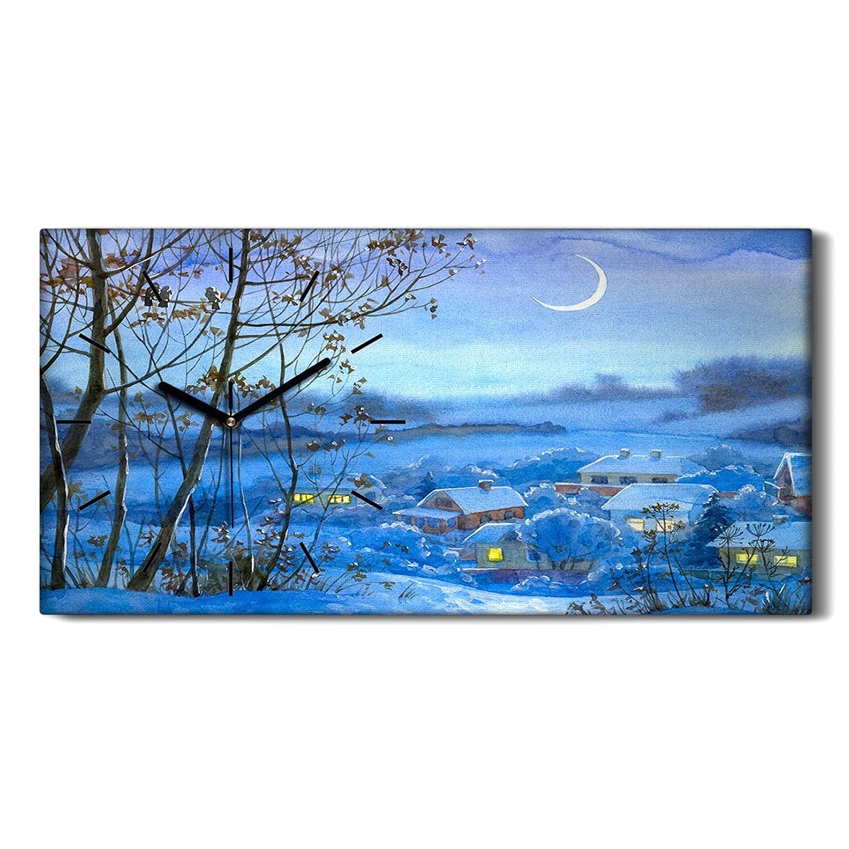 Horloge sur Toile Coloray 60x30cm Salon Chambre Aquarelle d'hiver Aiguilles Noires
