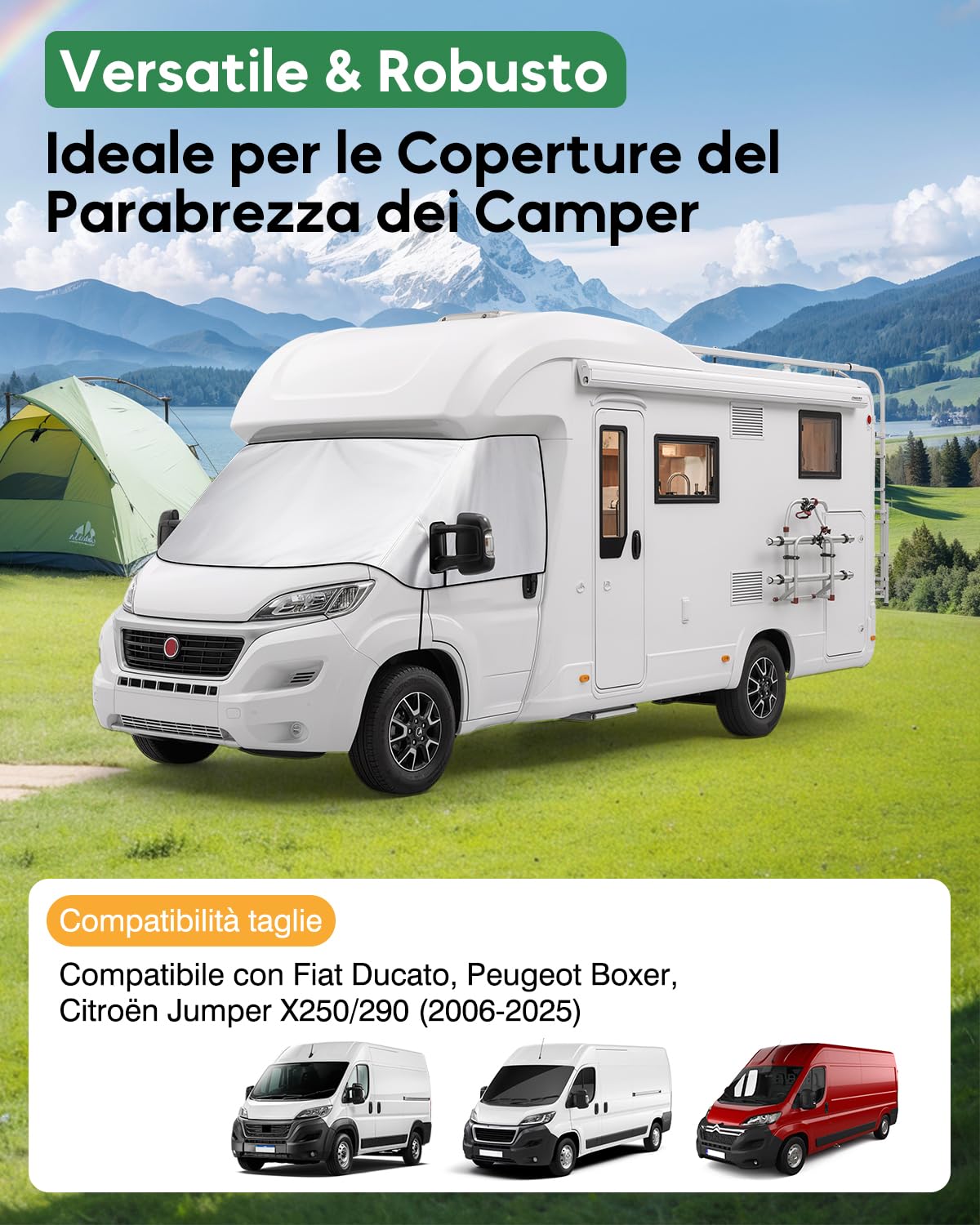 Copertura del Parabrezza Camper per Fiat Ducato in 600D Impermeabile | Oscurante Parabrezza con Fodera Morbida per Peugeot Boxer, Citroen Jumper X250/290 (2006-2025), Protezione Solare Esterna