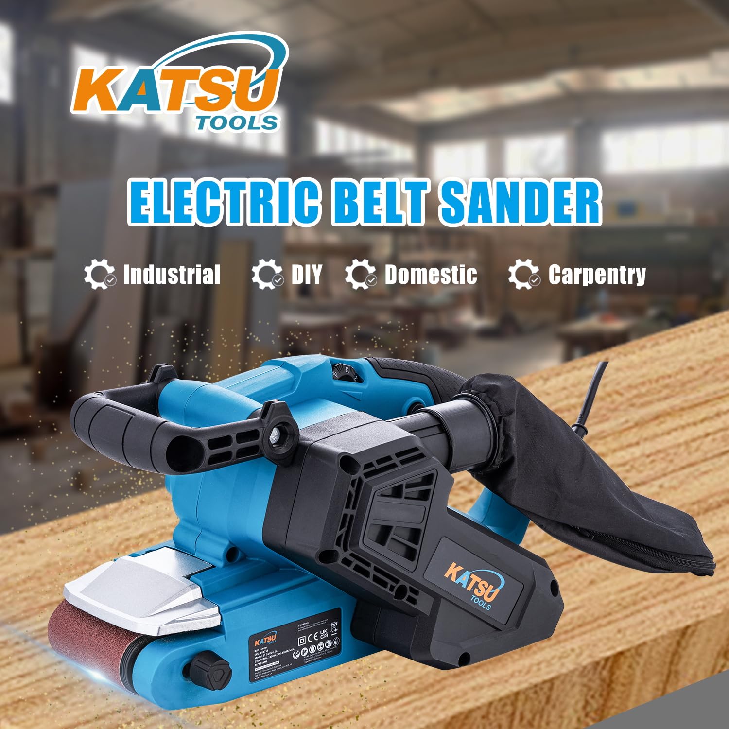 KATSU Ponceuse à Bande 1050W 76x533mm, 6 Vitesses, Couvercle Frontal Articulé, Éclairage LED, Changement de Bande sans Outil, Poignée Réglable, Sac et Bande P80