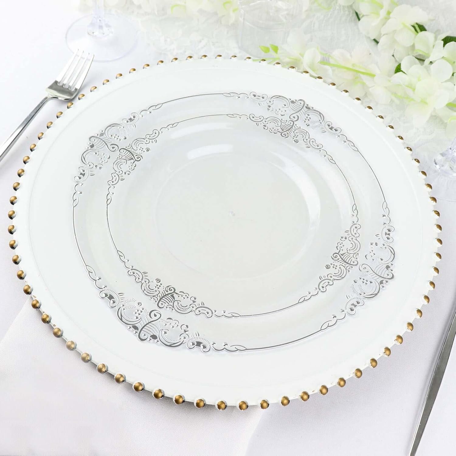 Efavormart 10 Pack | 8" Clear and Silver Baroque Dessert Plates, Leaf Embossed Metallic Rim Shatterproof Appetizer Plates for Modern Winter Galas