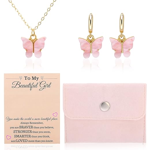 Necklace for Girls, Kids Jewelry Gift Set Adjustable Butterfly Pendant Necklaces Hypoallergenic Earring with Velvet Bag for Chirstmas Graduation Back to School