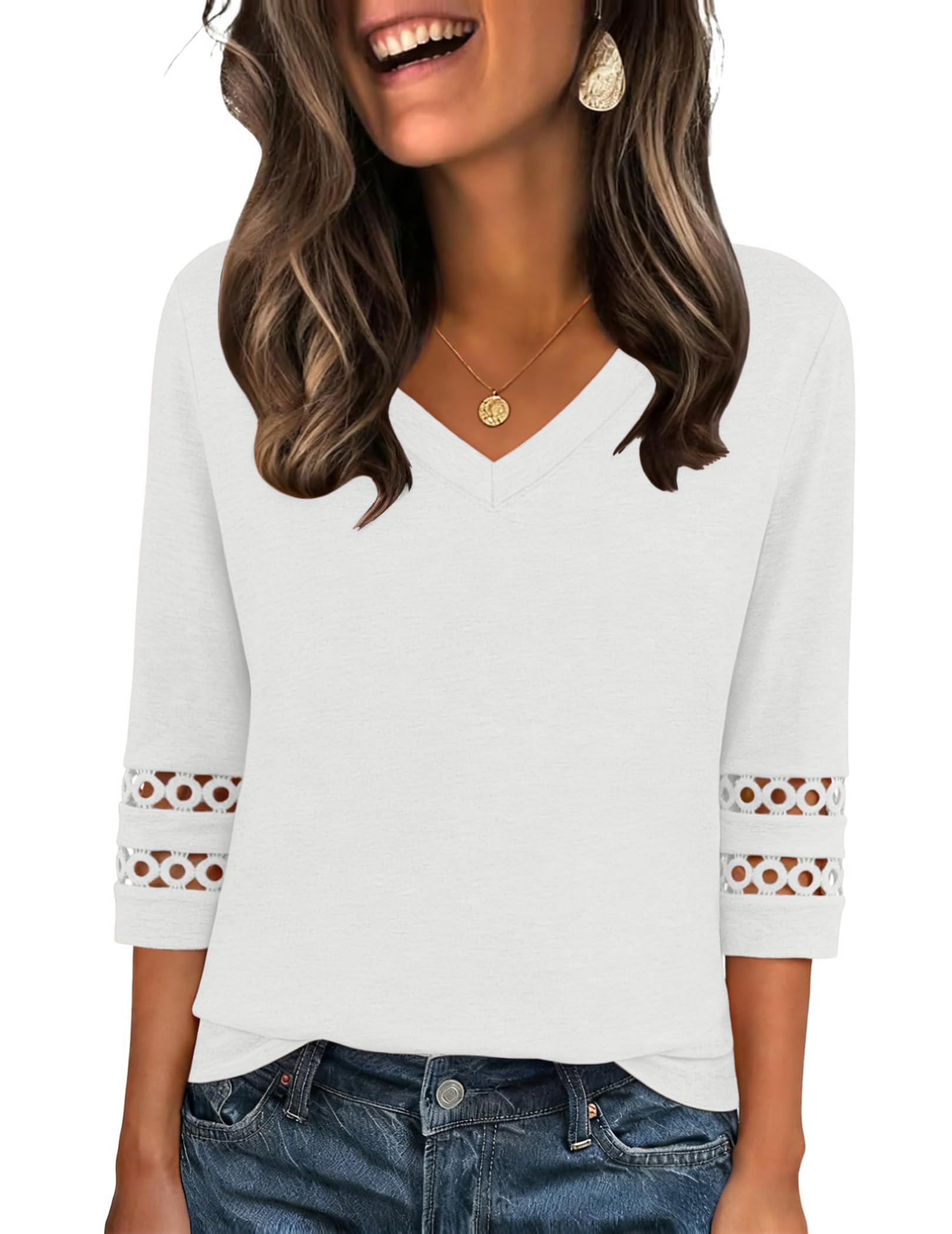 Zeagoo Bluse Damen 3/4 Arm Elegant Shirt V Ausschnitt Oberteil Lochstickerei Tunika Sommer Locker Blusenshirt S-3XL