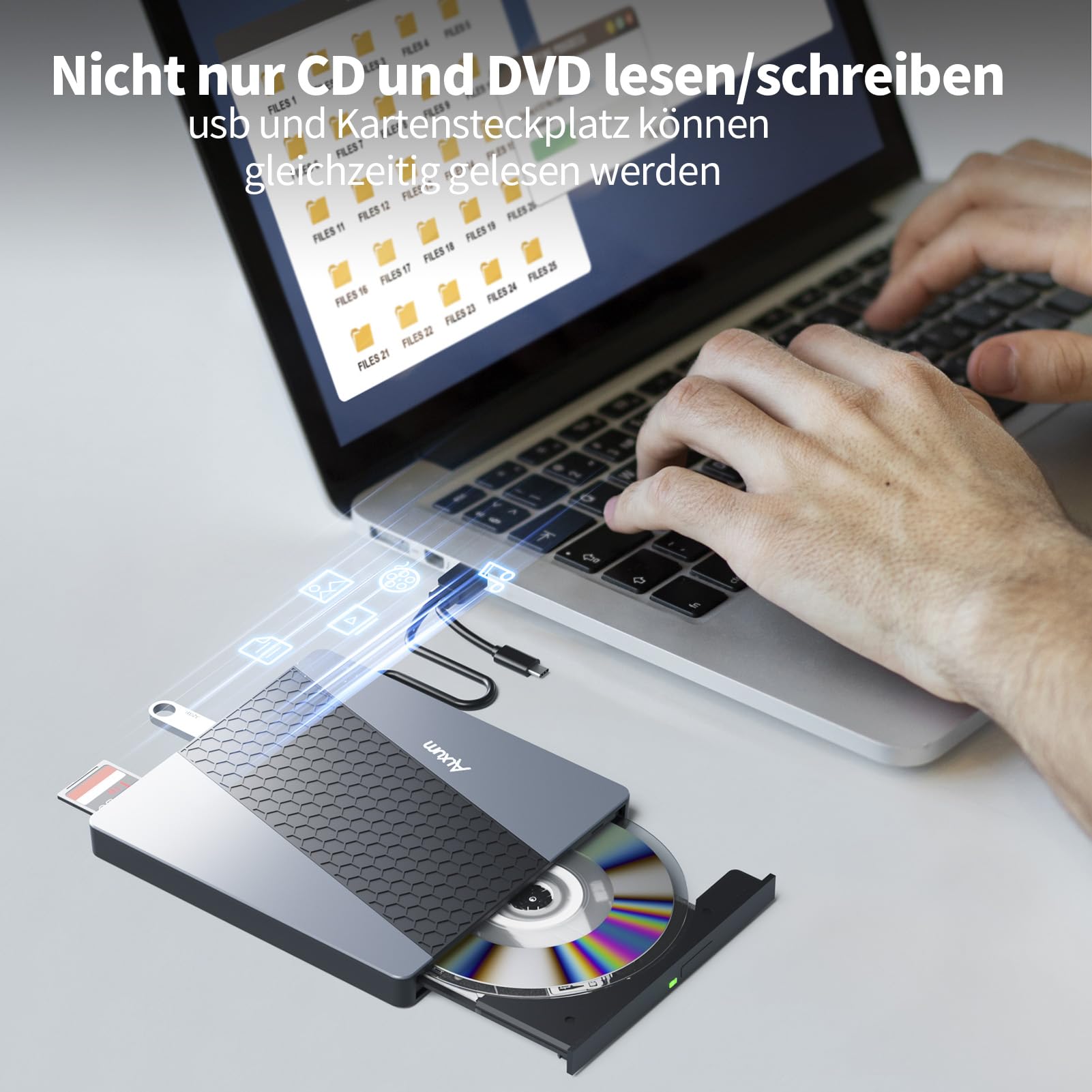 Alxum Externes DVD Laufwerk - USB 3.0 Type C CD Laufwerk extern USB mit SD/TF Kartenleser und USB Anschlüsse, Externer CD Brenner für Laptop,Desktop,MacBook,Windows,Linux,Mac OS,Vista