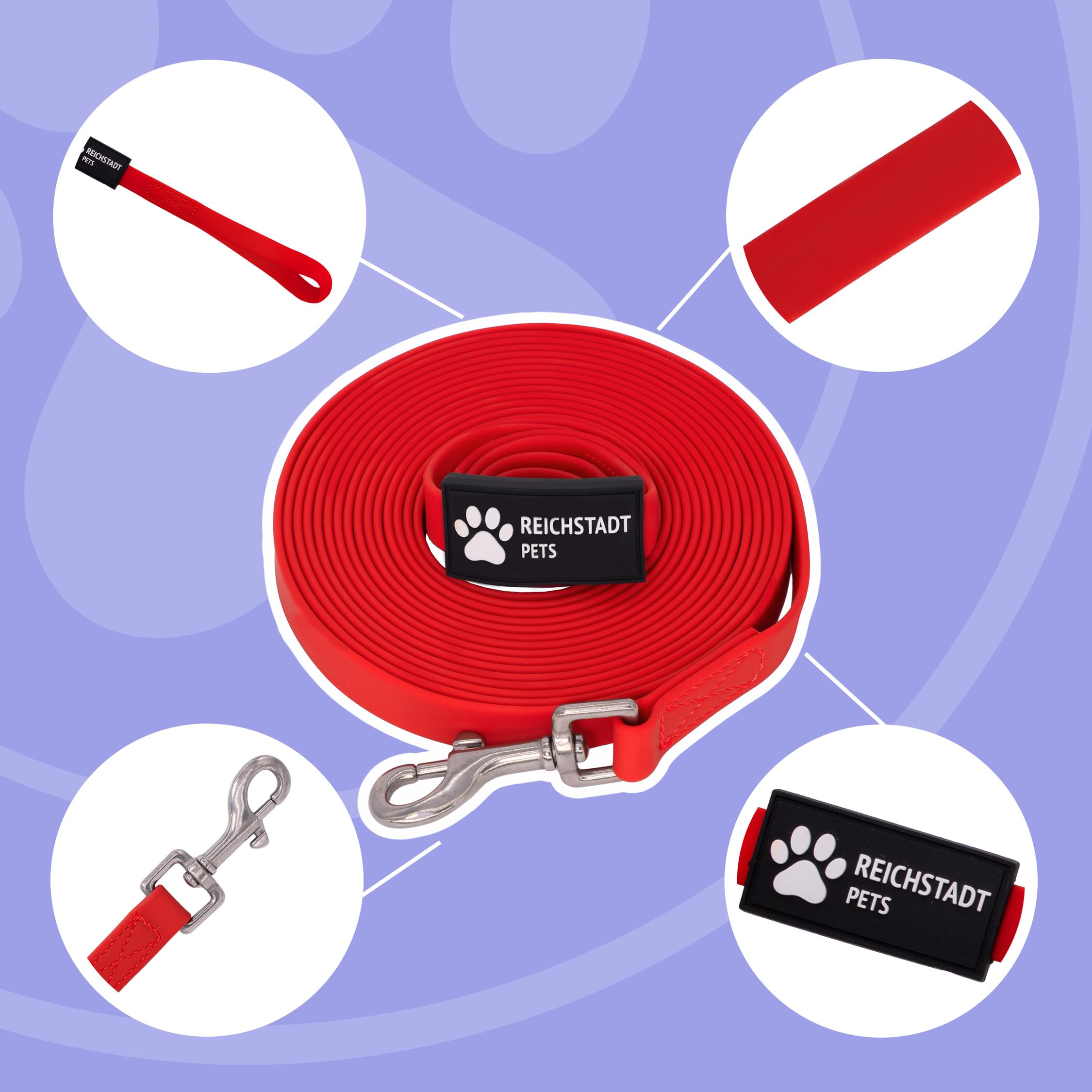 Reichstadt Pets Guinzaglio robusto in PVC per cani – impermeabile, superficie antiscivolo | Moschettone in acciaio inox a 360°, facile da pulire e resistente alle intemperie Red 15m