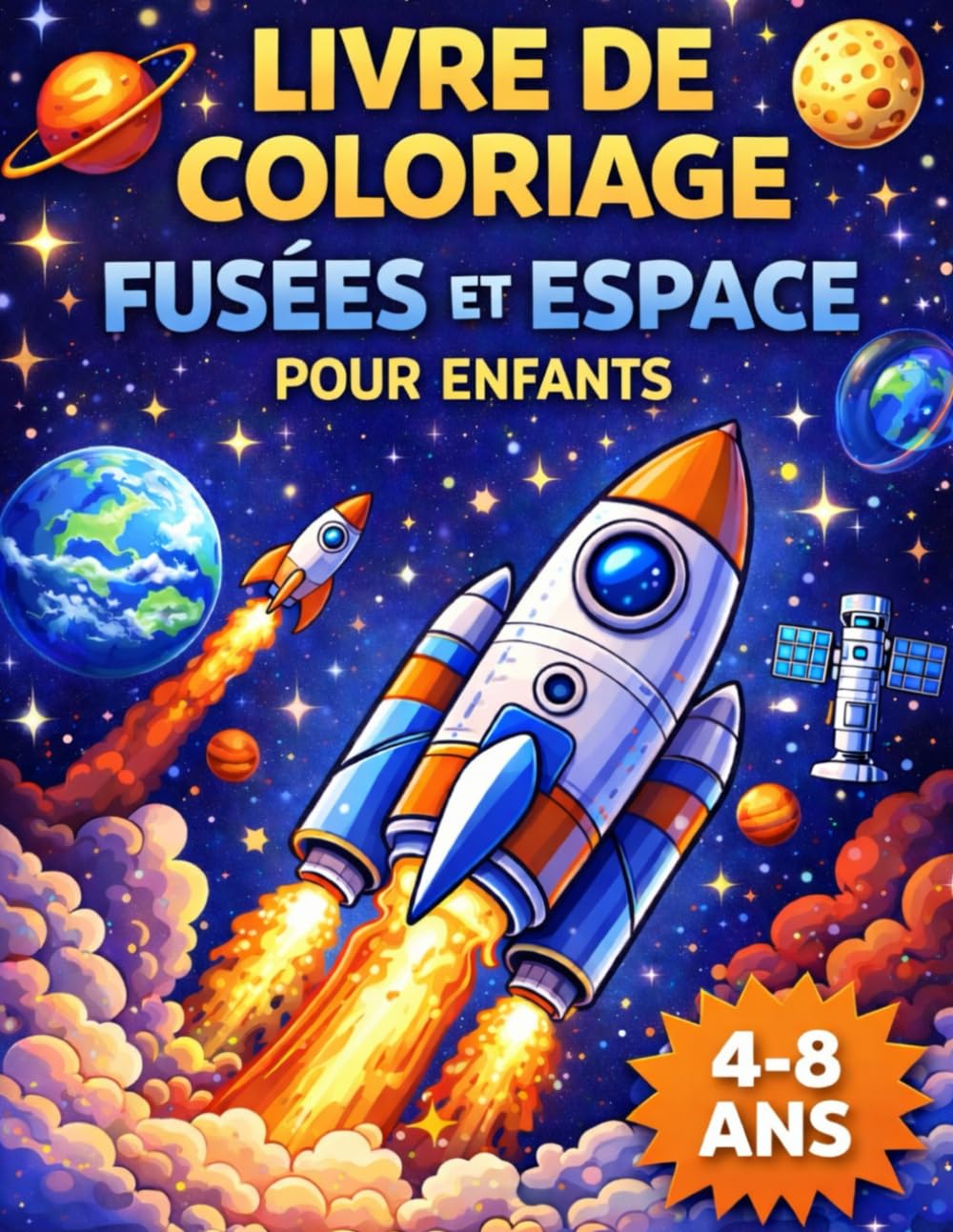 Fusées et Espace | Livre de coloriage A4 enfants 4-8 ans: 40 dessins faciles de fusées, planètes et satellites à colorier