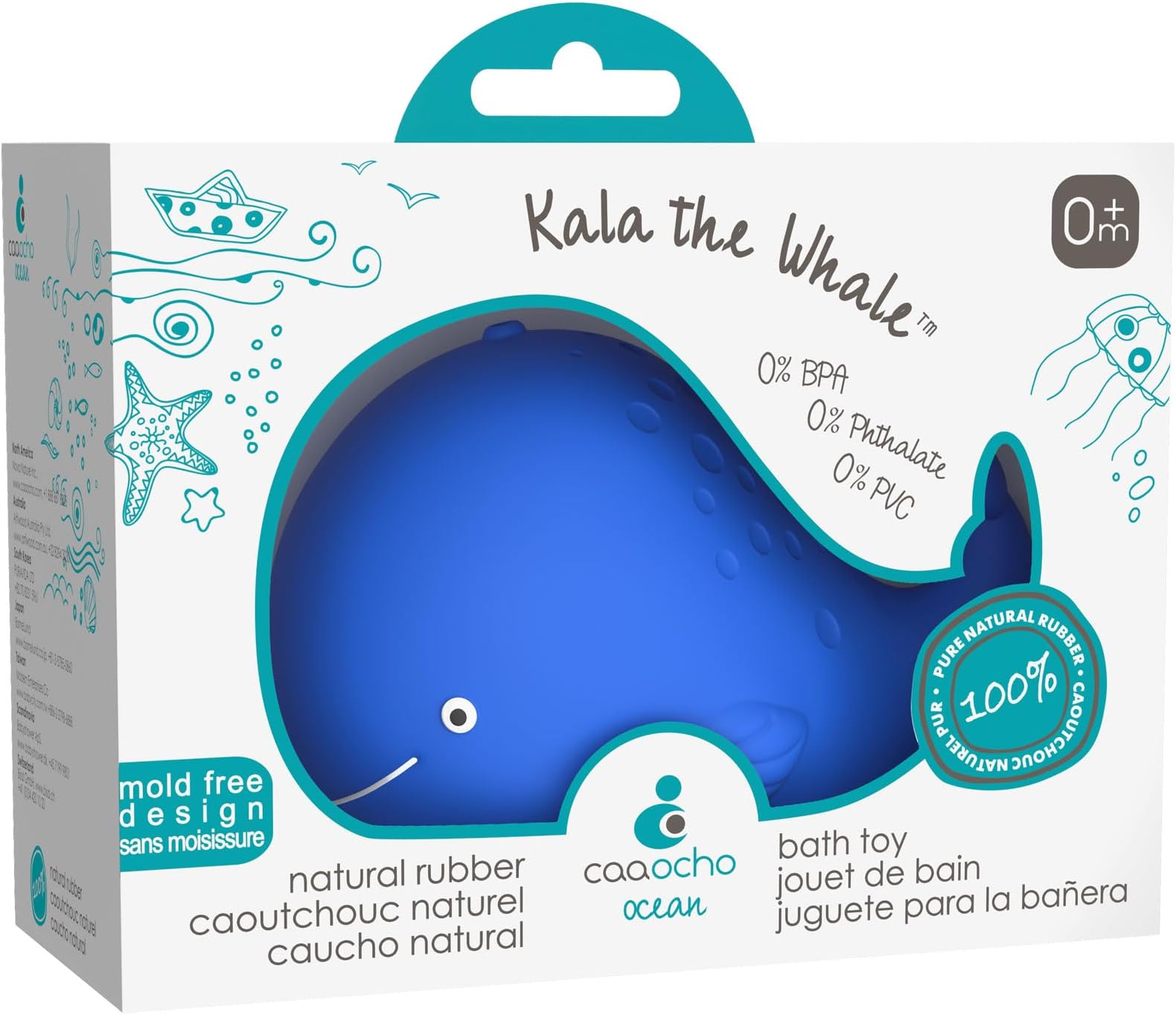 caaocho Pure Natural Rubber Bath Toy - Kala The Whale Baby Toy - Hole Free, BPA Free Bath Toys for Infants, Without Holes Sealed Natural Rubber