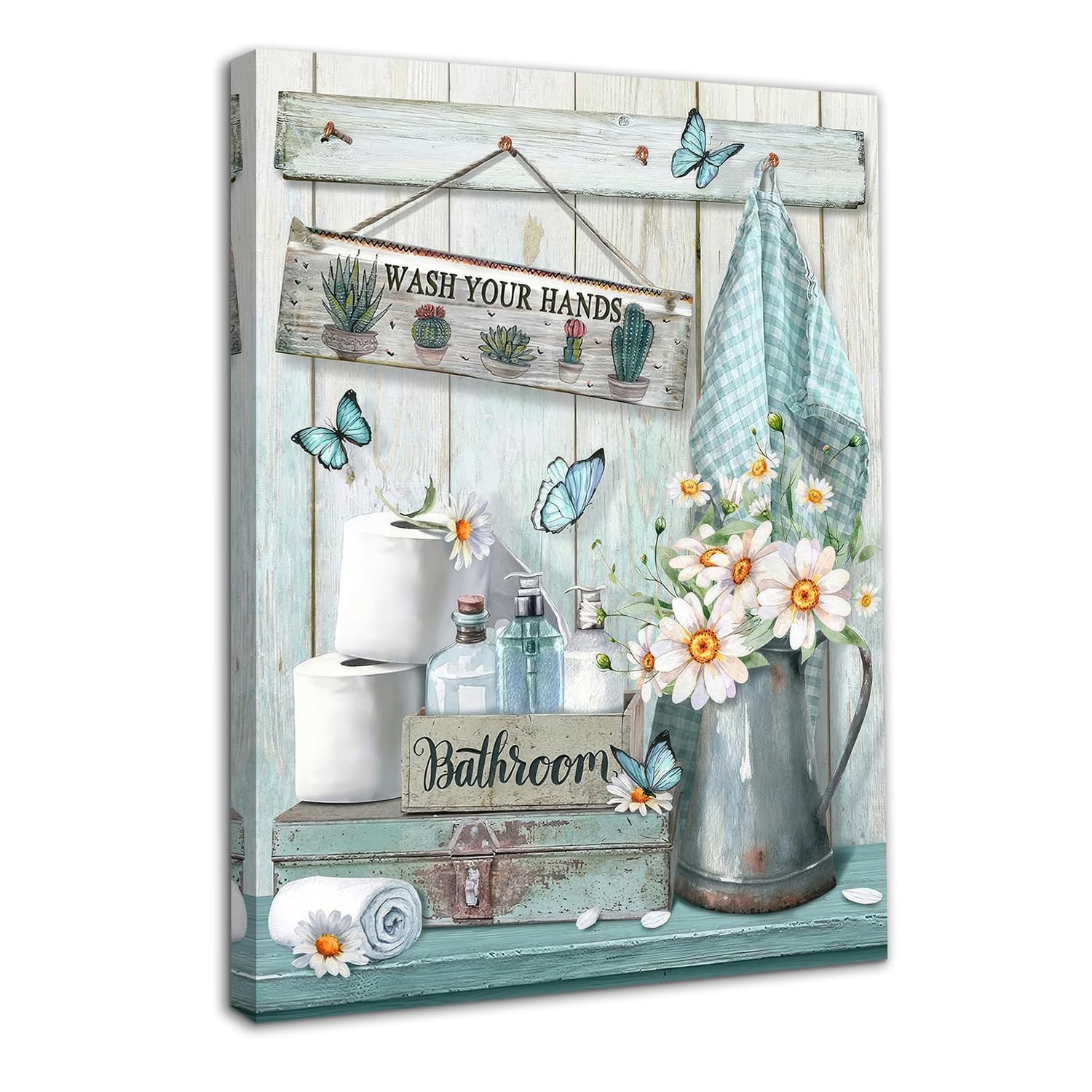 Dazzlewall Framed Farmhouse Bathroom Wall Art Decor, Rustic Teal Flower and Butterfly Pictures Wash Your Hands Sign Artwork for Bathroom 12x16 in