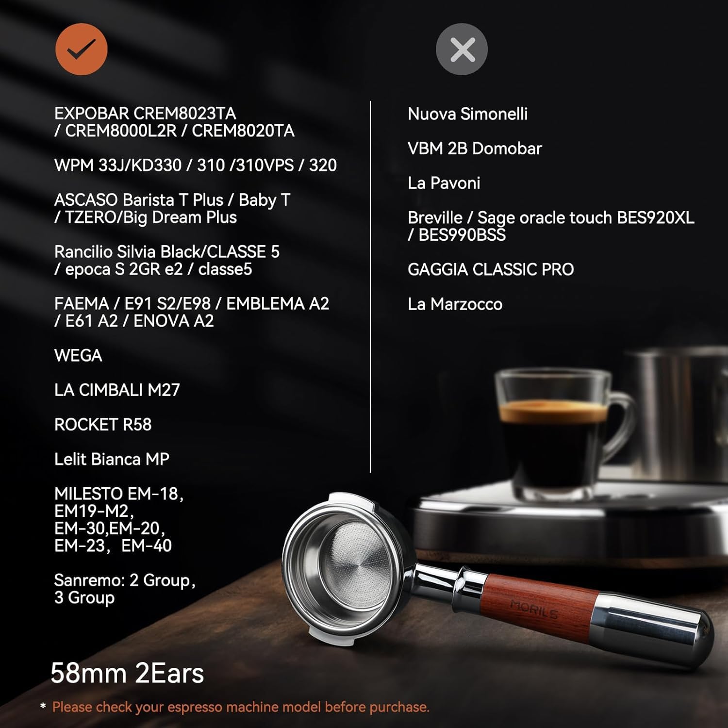 Portafiltro sin fondo de 58 mm con cesta de filtro de doble disparo y mango de madera de nogal premium, portafiltro con pantalla de disco compatible con todas las máquinas Breville de 58 mm,