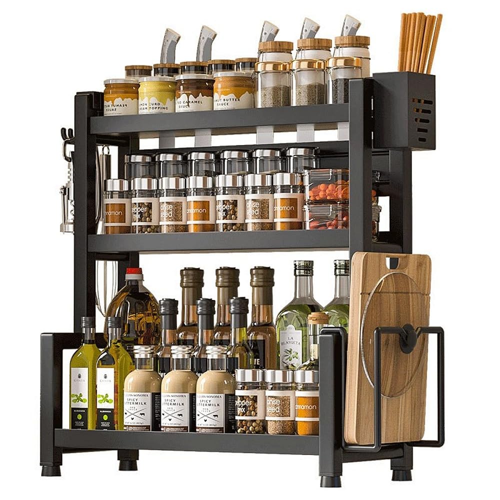 Spice Rack Organizer for Countertop, 3-Tier Standing Kitchen Spice Organrizer, Seasoning Rack with Hooks & Cutlery Storage, Multiple Uses Kitchen Countertop Organizer for Storage Spice, Cutter