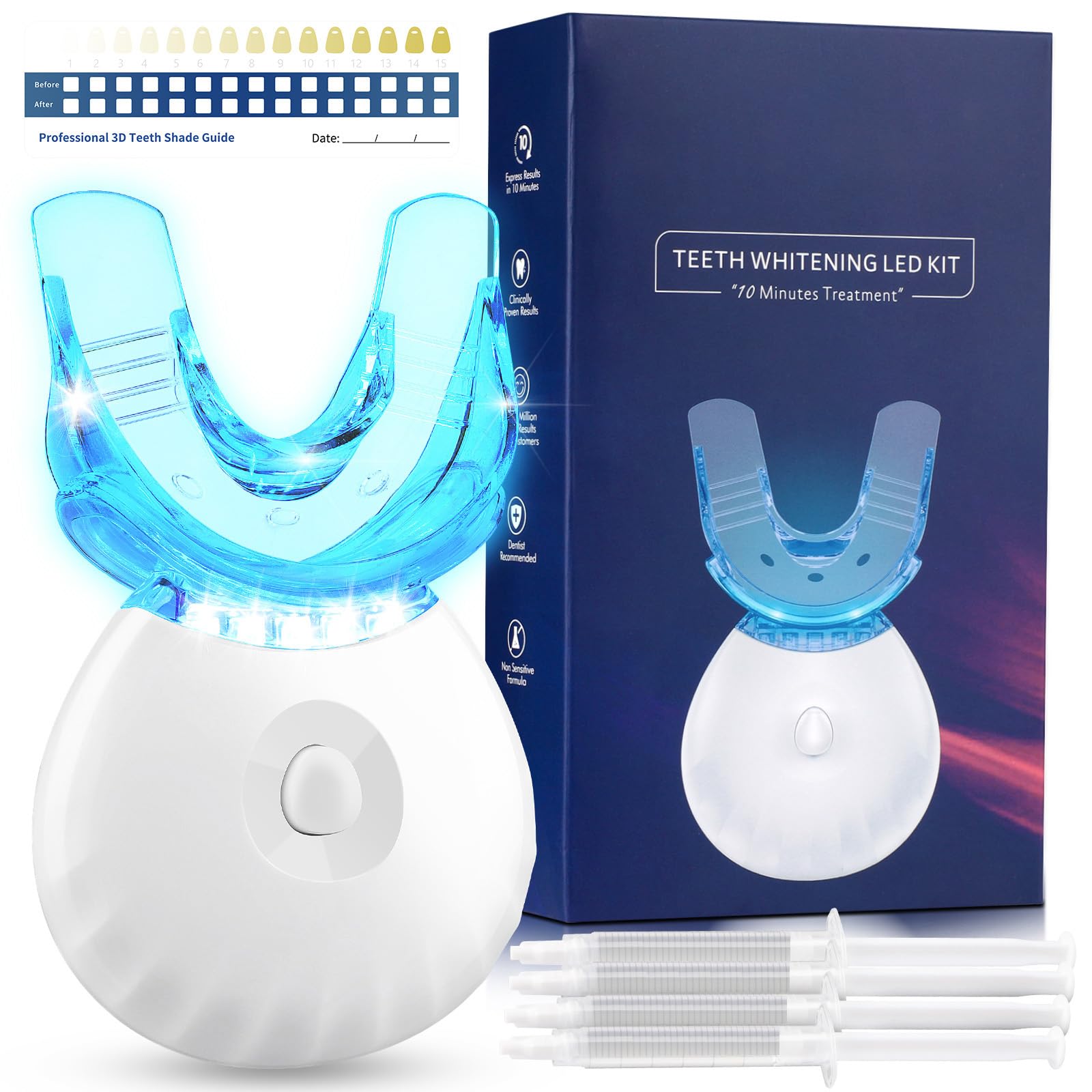 Teeth Whitening Kit with LED Light Non-Sensitive Fast Teeth Whitener with 3 Carbamide Peroxide Whitening Gel Helps to