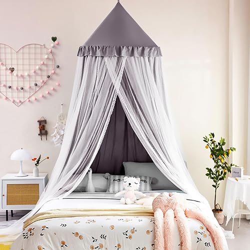 Vista 19 de Kertnic Toldo de cama grande de 31.5 pulgadas para niñas, toldo de princesa con volantes de ensueño de doble capa, tienda de campaña colgante