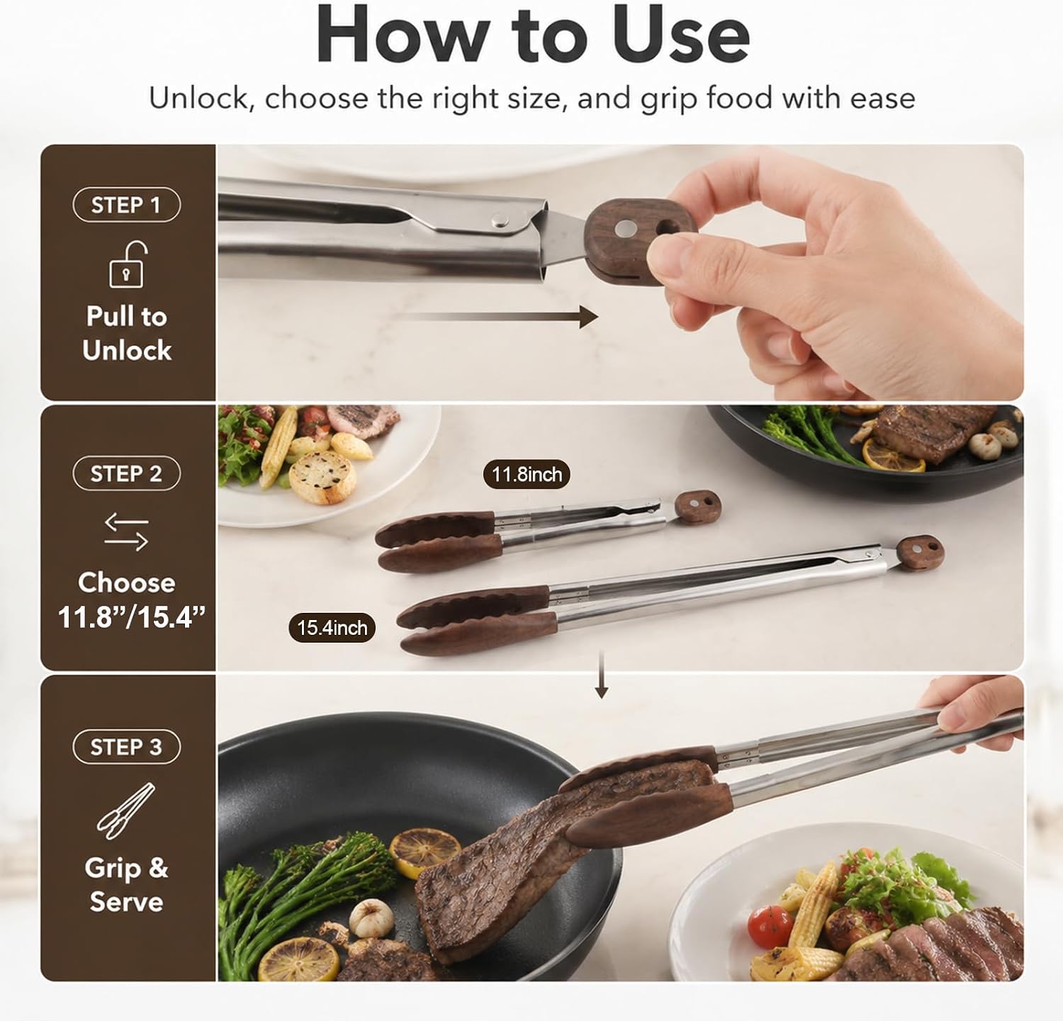 Wooden Tongs Set of 2, Wood Handle Kitchen Tongs with Food-Grade Silicone Tips, 11.8" & 15.4" for Cooking BBQ Serving Salad