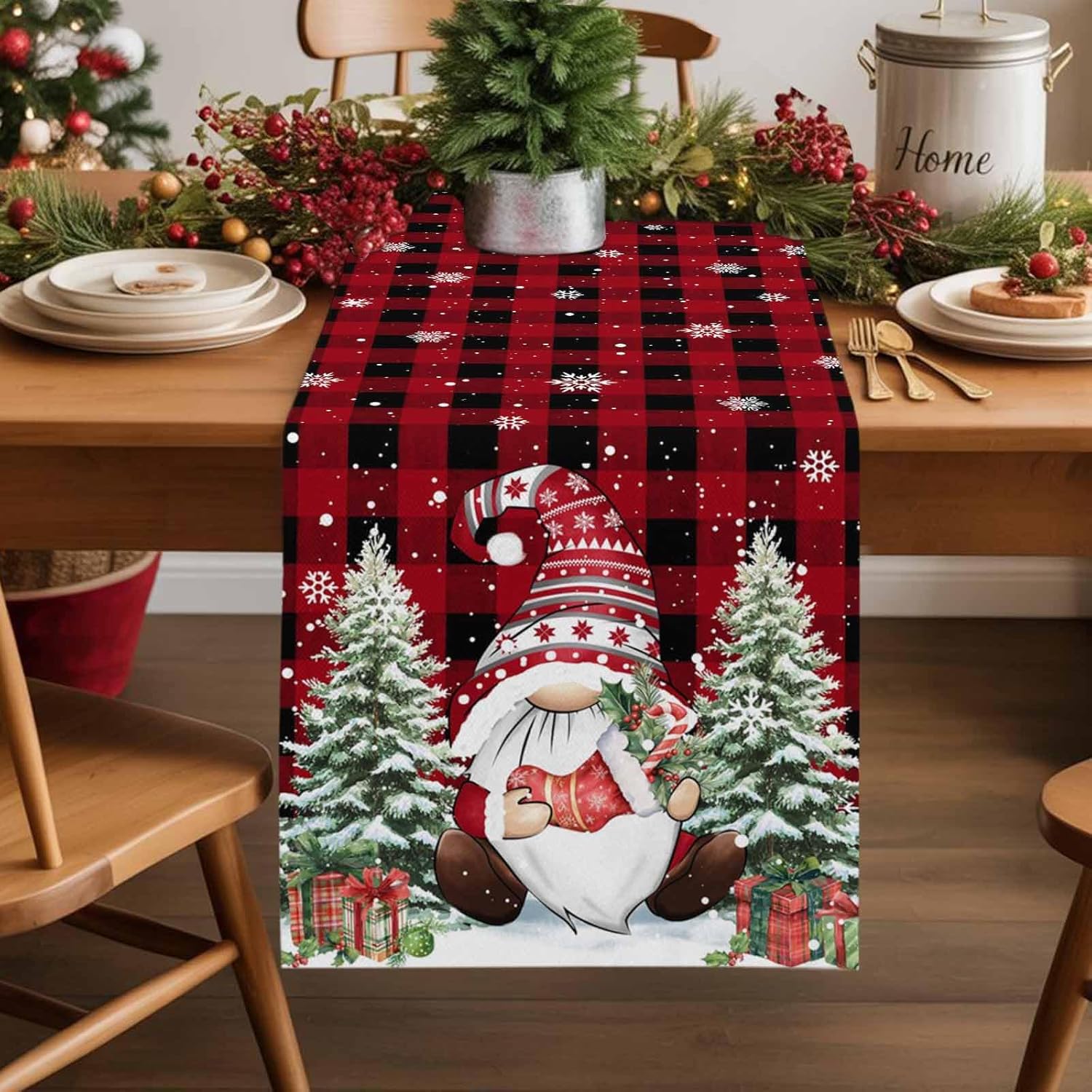 Christmas Table Runners Dresser Scarves,Xmas Tree Gnome Sock Gift Non-Slip Rectangular Tabletop Runner Snowflake on Black Red Check Dining Tables Dress Scarf for Kitchen Decor 13x90in