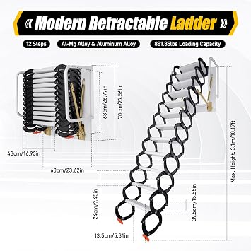 Folding Attic Ladder Pull Down System, 12 Steps Wall-Mounted Attic Stairs w/Armrests, Retractable Attic Ladder, Alloy Attic Access Ladder for Attics & Basements, Up to 882LBS,Black