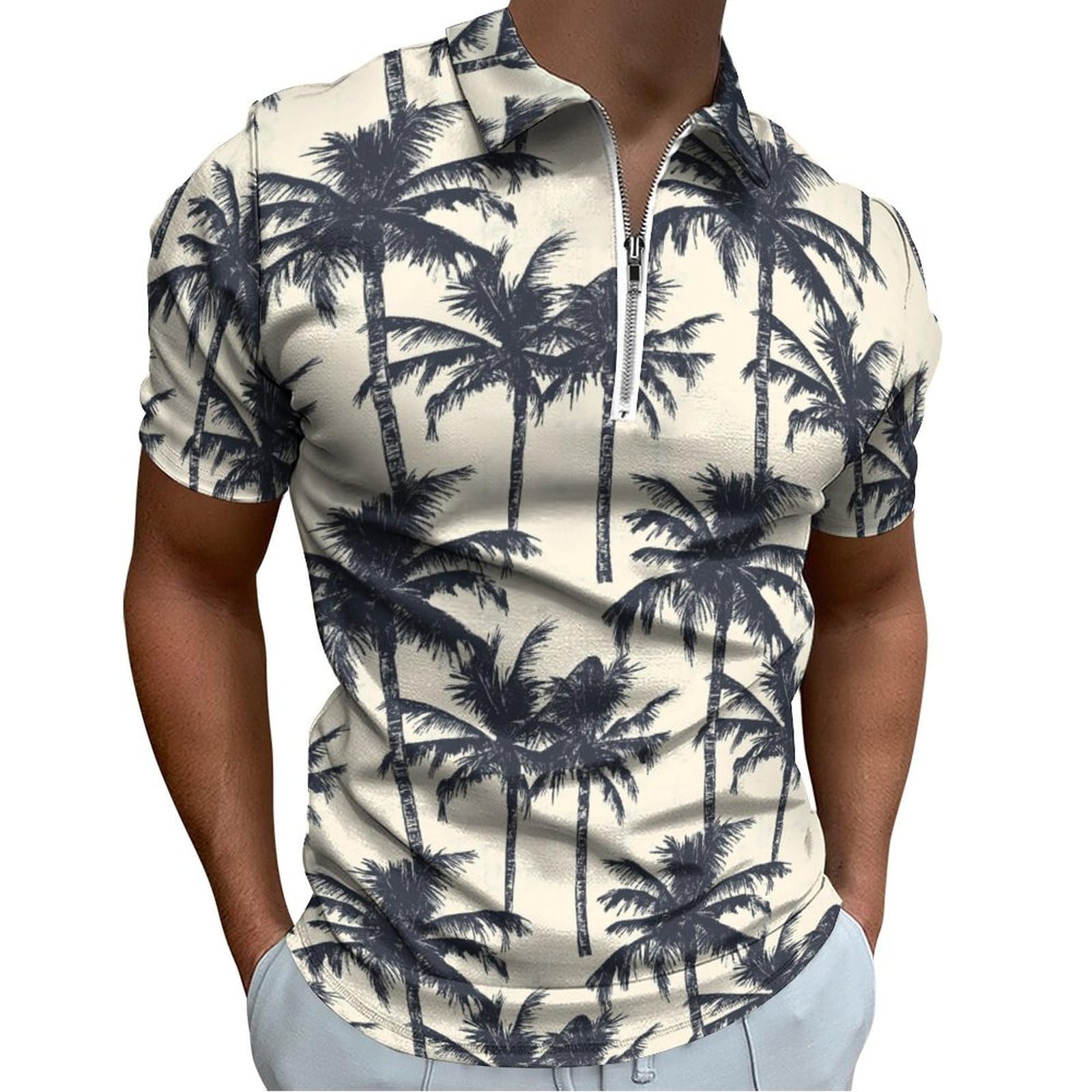 Hawaiian Polo Shirts for Men Zipper Floral Printed Short Sleeve Golf Shirt Moisture Wicking V Neck Slim Fit