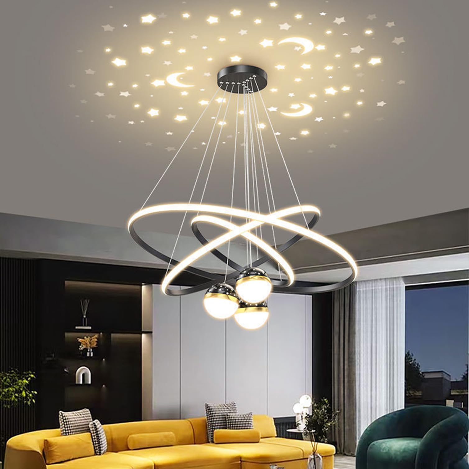 LED Pendant Light Modern Chandelier - Dimmable Dining Table Lamp with Remote Control for Living Room, Office, Kitchen, Dining Room Ceiling Light (Black, L30+40+60cm)