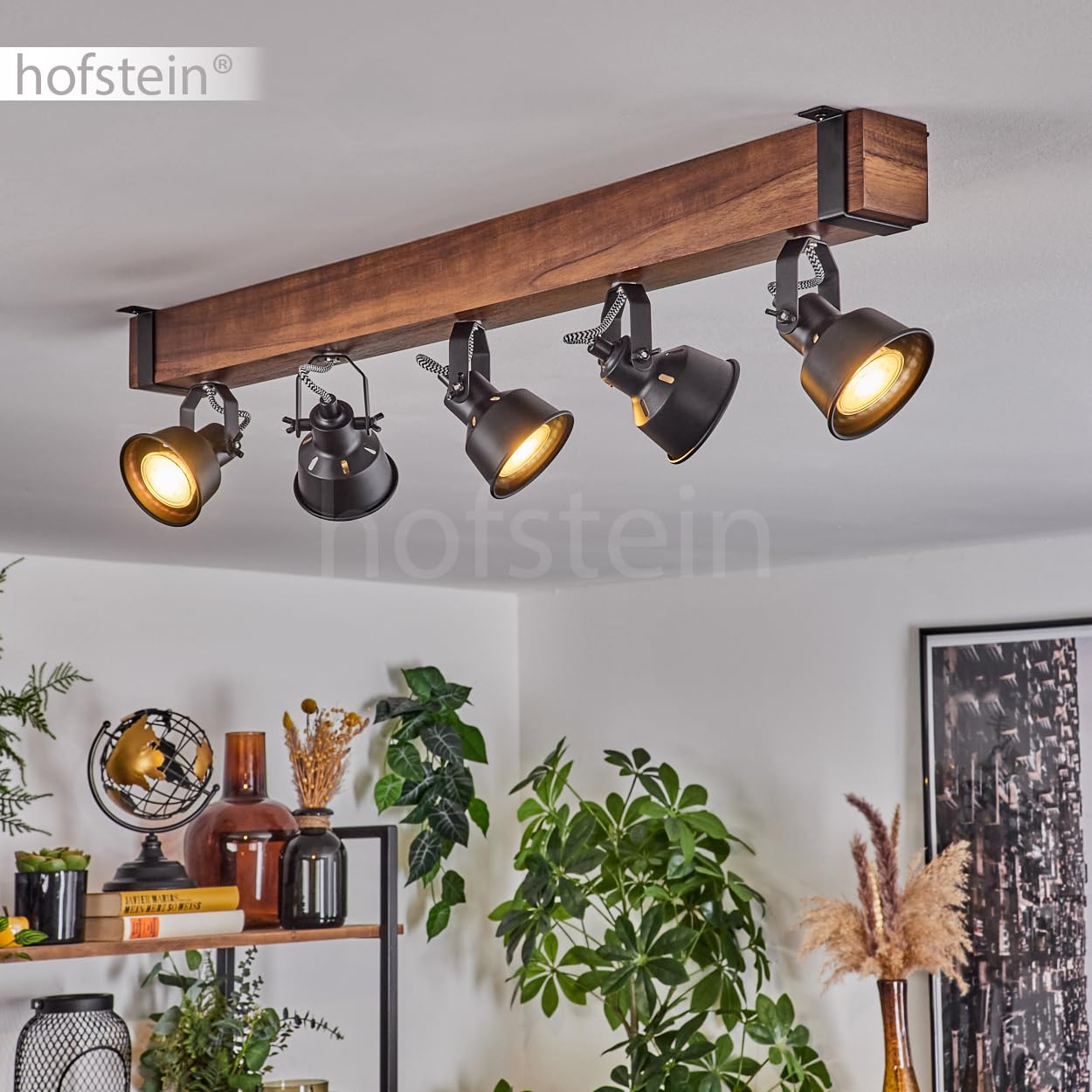 HOFSTEIN Deckenleuchte Safari, verstellbare Deckenlampe aus Metall/Holz in Schwarz/Natur, Leuchte im Industrial/Retro/Vintage-Design, Holzbalken, 5 x GU10, Wohnzimmer, Esszimmer, Schlafzimmer, Küche