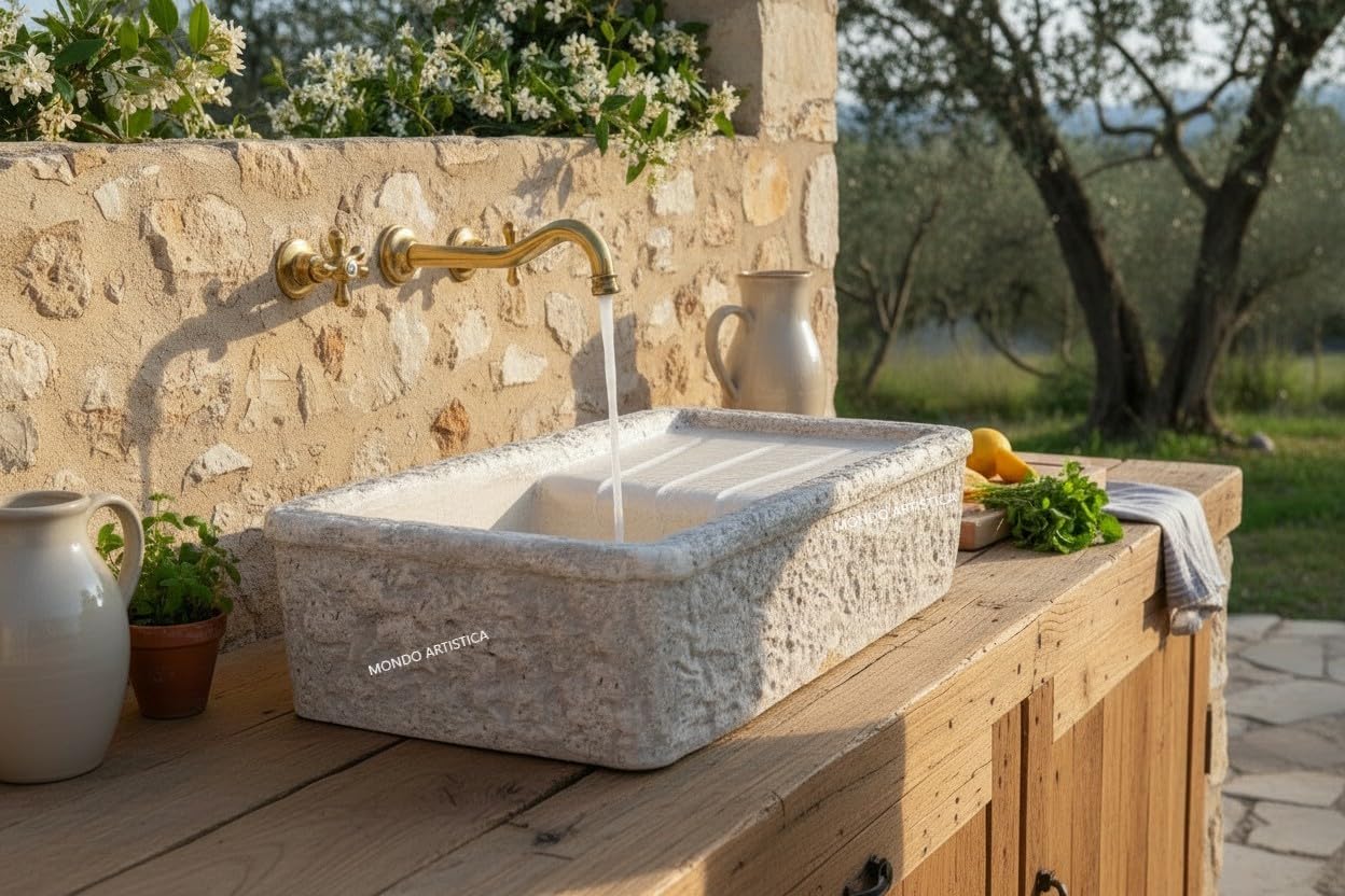 Lavandino Da Esterno, Lavabo Per Giardino, Pilozzo Con Vasca E Gocciolatoio, Fontana Altezza 22 cm, Larghezza 80x40 Cm, In Cemento Bianco E Polvere Di Marmo, Colore Sfumato Grigio, Mondo artistica