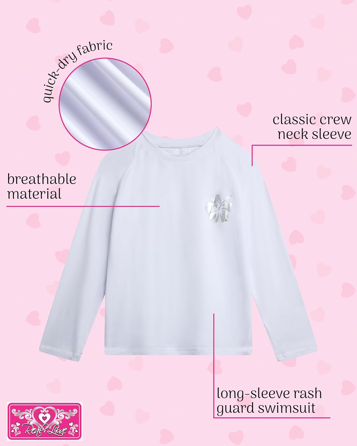 Real Love Toddler Girls Rash Guard - Quick Dry Sun Protection Girls Swim Shirt Long Sleeve Rash Guard Kids Swim Top (2T-16) - Image 3