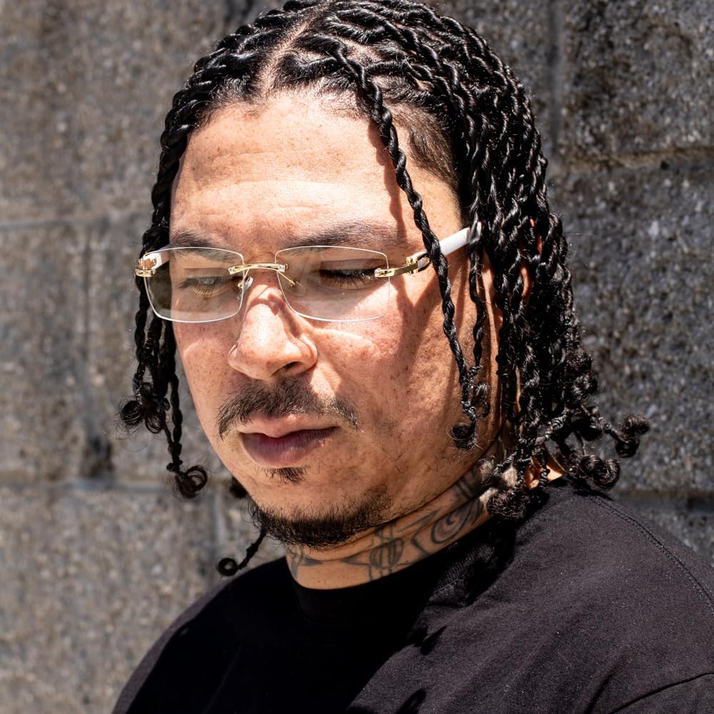 Street Knitted Retro Vintage White Wood Arm Trendy Style Designer Rimless Clear Lens Men’s Women Rectangular Gold Frame Unisex Square Frameless Clear Tint Rectangle Hip Hop Buffs Eye Glasses - Image 3