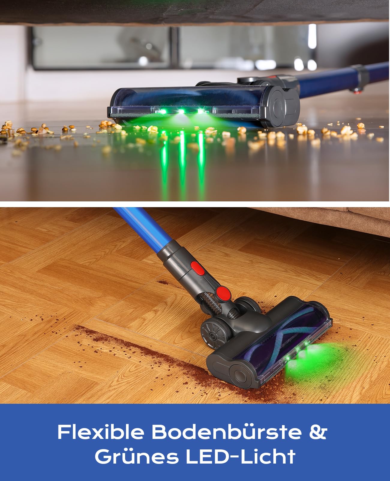 Akku Staubsauger Kabellos 50Mins/40KPA/450W, Akkustaubsauger mit Geen LED, Kabelloser Staubsauger mit Aufgerüstete Bodenbürste, Staubsauger Akku für Tierhaare, Blau