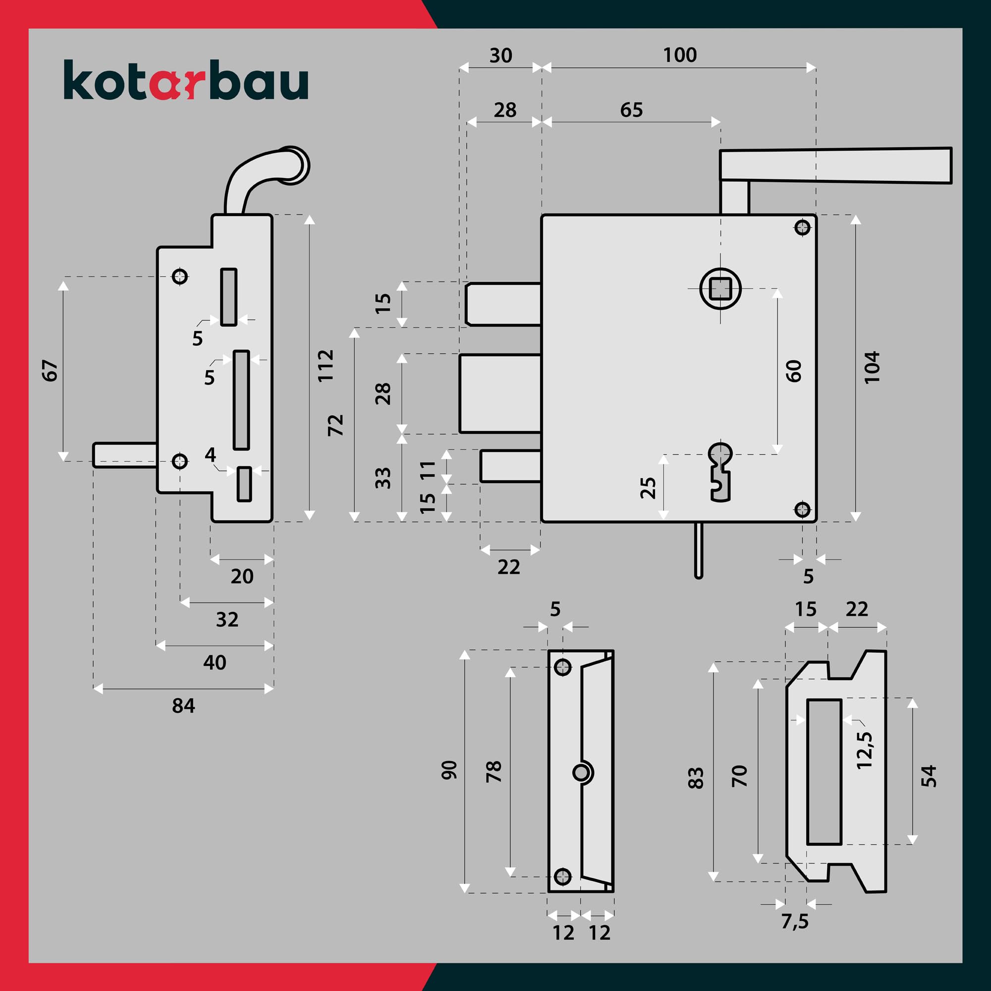 KOTARBAU® Kastenschloss 65mm Rechts Schwarz Pulverbeschichtet Stahl Rostfrei