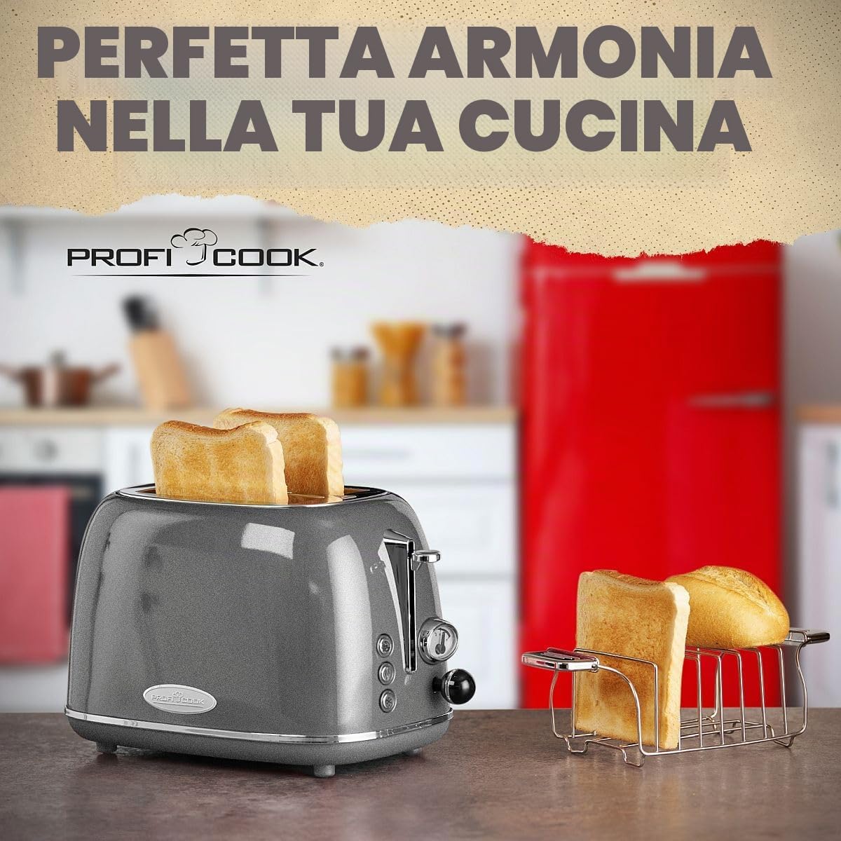 ProfiCook Tostapane Vintage a 2 Fette - Design Elegante Con Ampia Fessura e Cassa in Metallo Massiccio - Retrò Con Portapane - PC TA 1193 Antracite