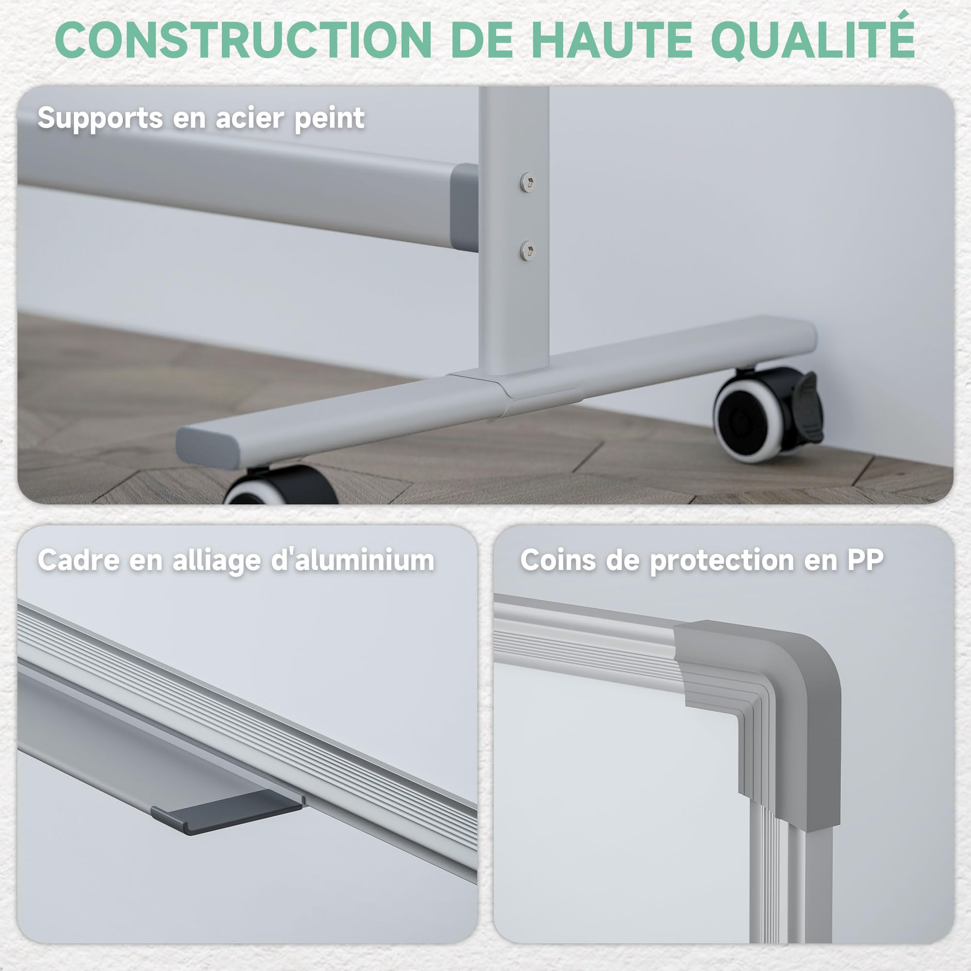HOMCOM Tableau blanc magnétique double face, tableau blanc effacable rotatif mobile avec support, aimants, marqueurs, gomme et roulettes pour bureau à domicile, salle de classe, blanc