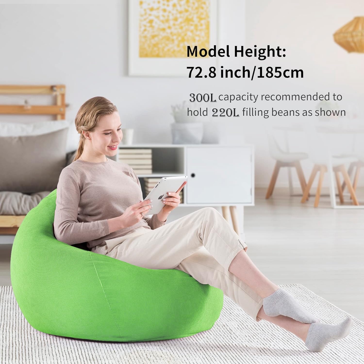 Nobildonna Bean Bag Chair Cover (No Filler) for Kids and Adults. Extra Large 300L Bean Bag Stuffed Animal Storage Washable Soft Premium Corduroy Stuffable Bean Bag Cover (Fruit Green) - Image 2