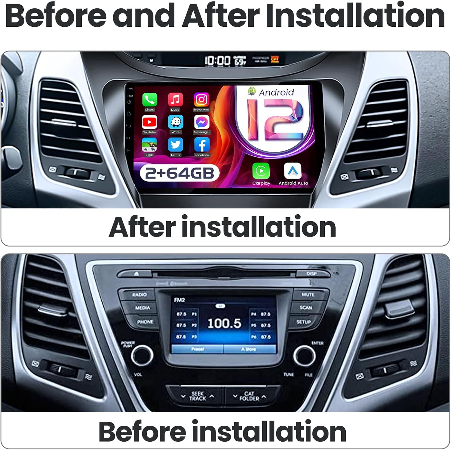 4Core + 64G ROM Car Radio Stereo for Hyundai Elantra 2011 2012 2013: 9 Inch Radio with Touch Screen 1280 * 800 Head Unit Replacement DSP Auto Stereo with GPS Bluetooth WiFi, Backup Camera