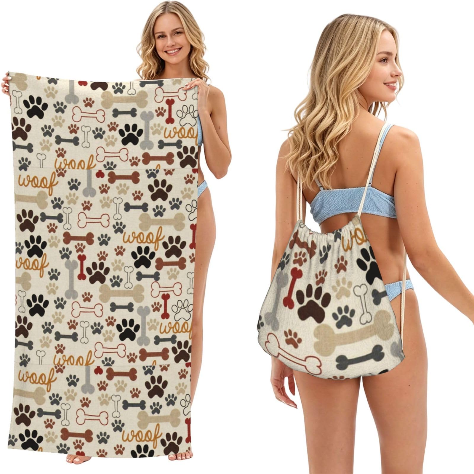 Poadnly As Picture Dog Paws And Bones, 2 In 1 Packable Towel Bag, Beach Towels With Drawstring Backpack For Travel Holiday Camping