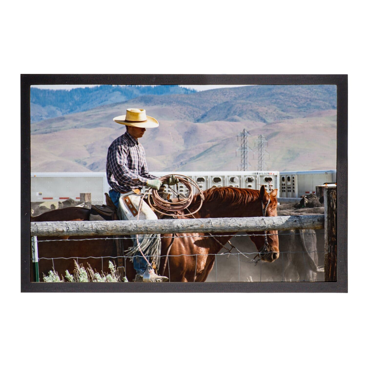 Paillasson Cow-Boy sur sa monture lasso en main cheval Texas 60x40