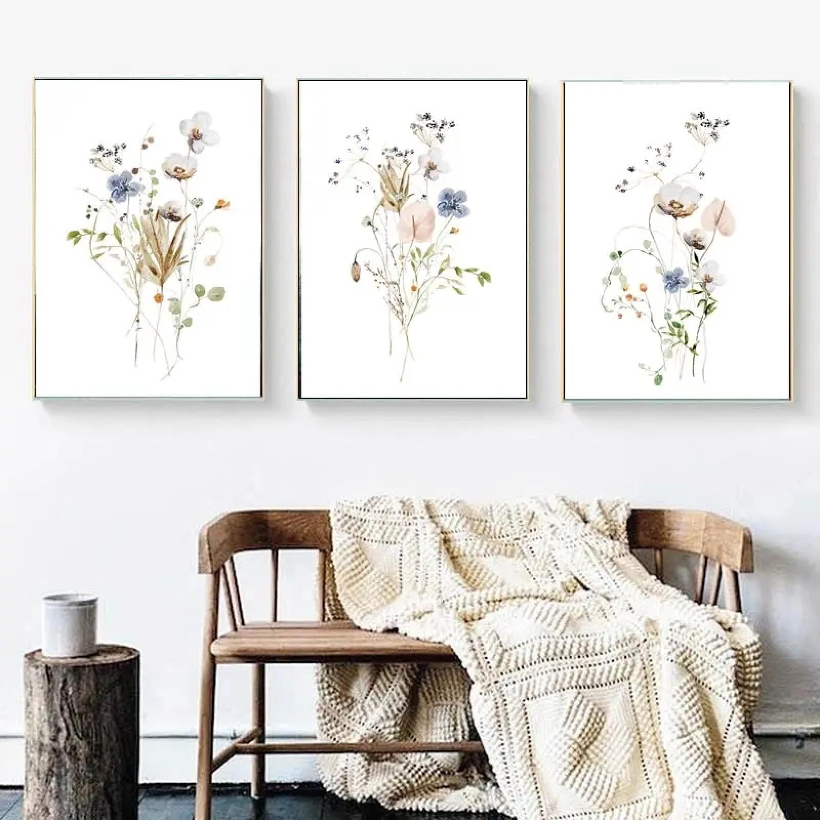Yangld Poster e stampe Decorazioni da parete floreali Fiori di campo Fattoria Acquerello Fiori Doccia Prato Erba Decorazione per cameretta per bambine 60x80 cm - 3 pezzi Senza cornice