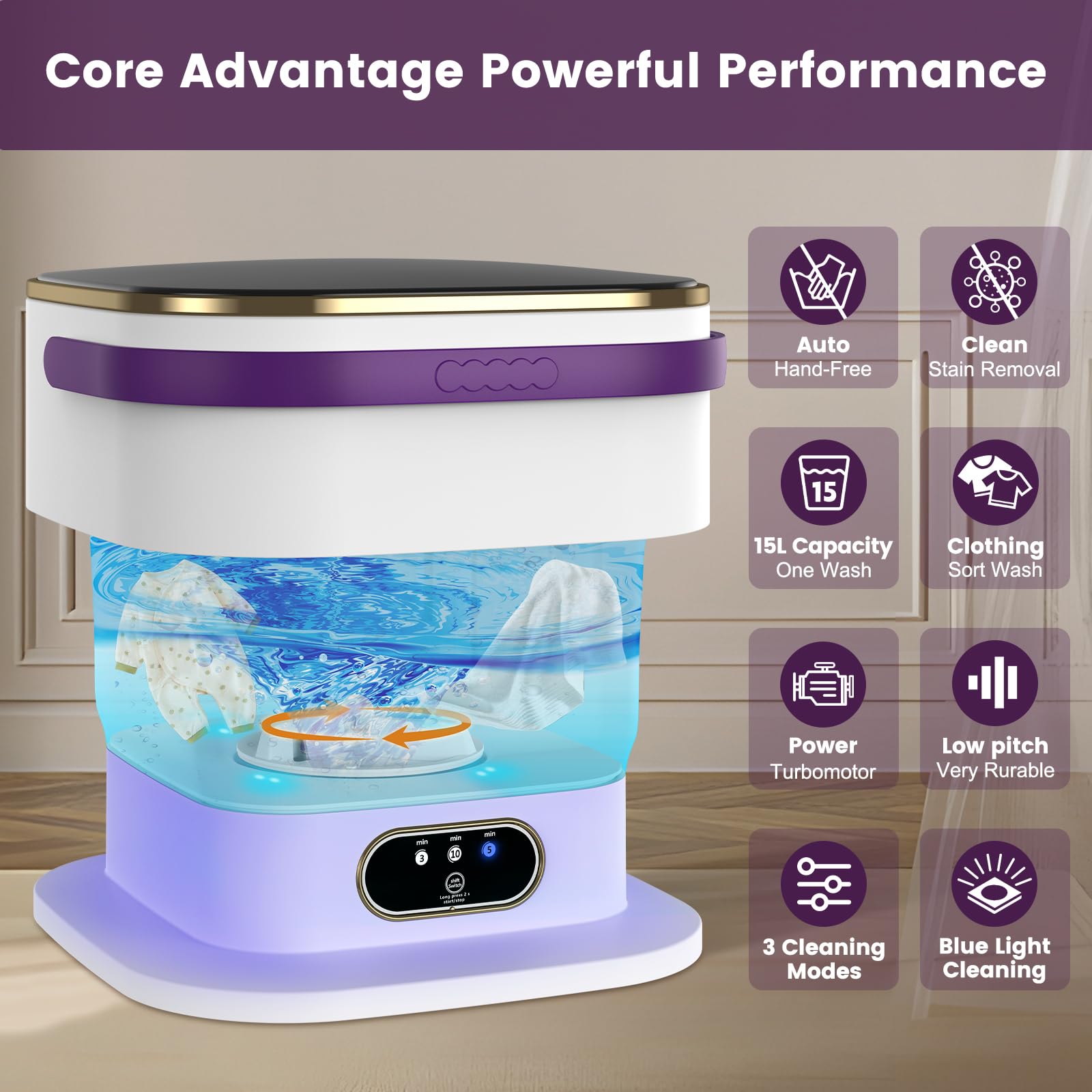 Mini Lavatrice,15L 2 in 1 Lavatrice Portatile con Centrifuga e 3 modalità di pulizia per Piccoli vestiti, Lavatrice da Campeggio Pieghevole per Viaggi, Appartamenti (Viola)