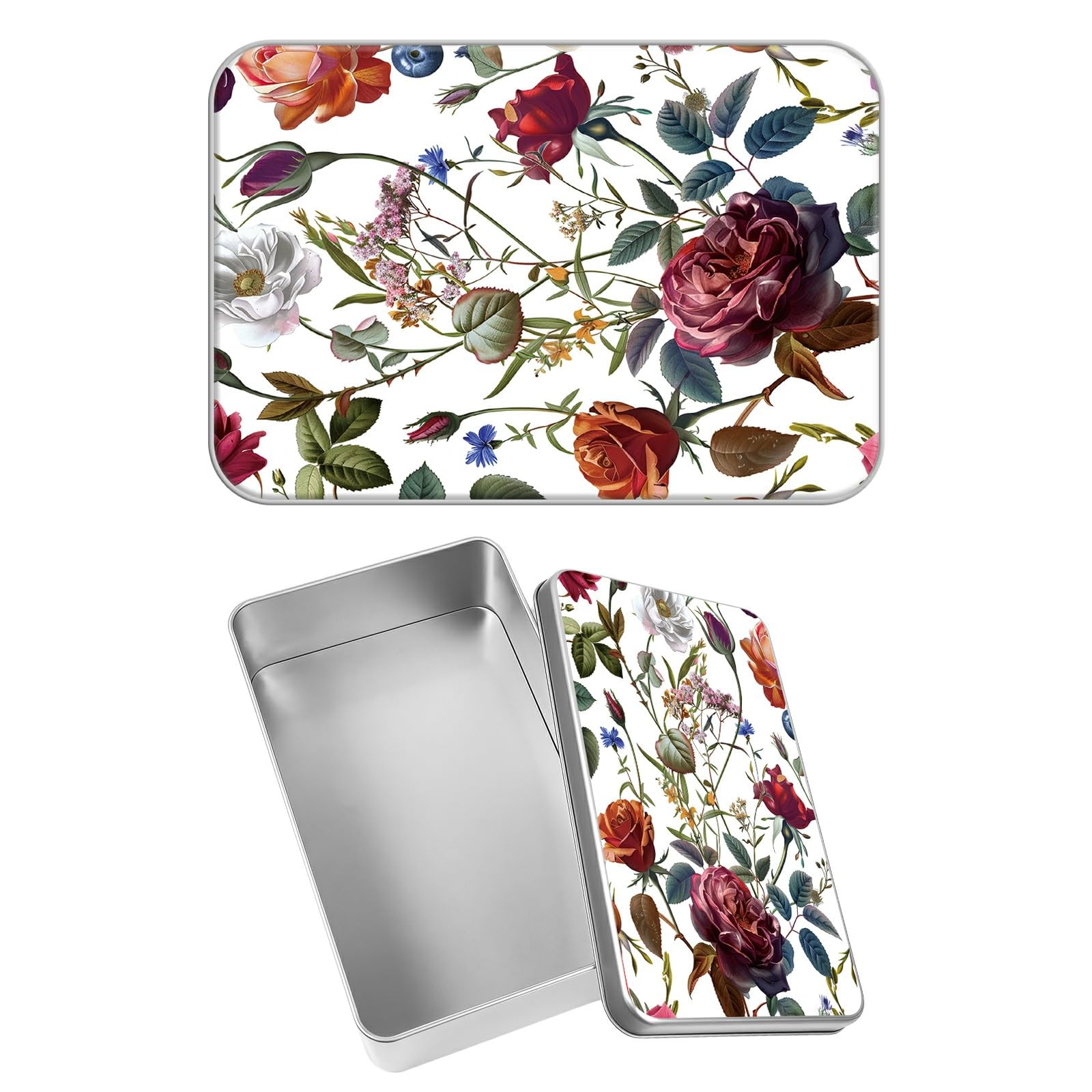 Rectangular Metal Tin Box with Removable Lid, Flower Florals Decorative Printed Metal Storage Container for Jewelry Pen Eraser Pill Candy Craft 4.9 x 3.54 x 1.57 inch– Single Pack