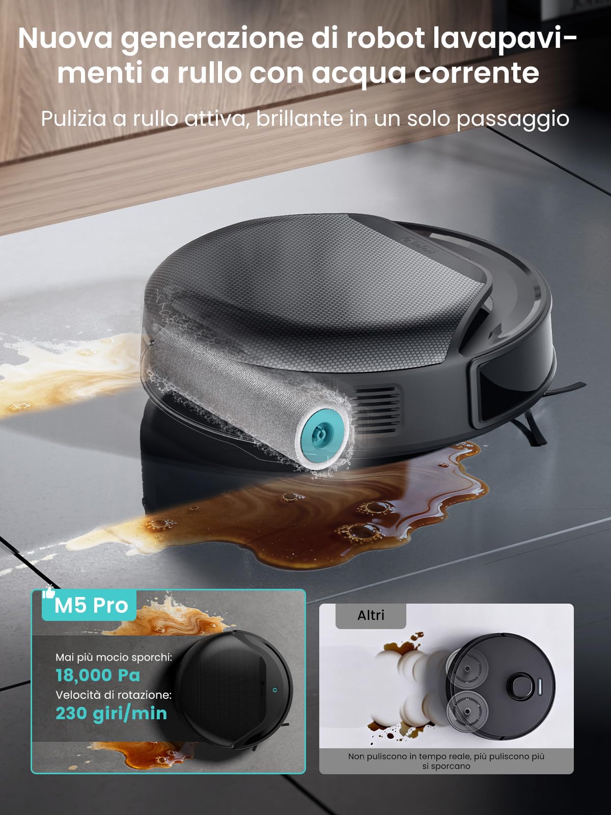 LEFANT M5 Pro Robot Aspirapolvere Lavapavimenti con Rullo, Aspirazione 18.000 Pa, Lavaggio Acqua Pulita, Autopulizia 75 ℃, Navigazione Laser dToF, Auto Svuotamento 120 Giorni, Tappeti, App Alexa