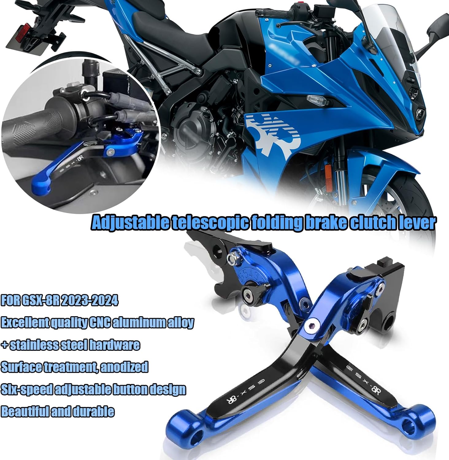 HUANGCJCJ for GSX-8R GSX8R GSX 8R 2024 New Motorcycle Parts CNC 6-Speed Adjustable Retractable Foldable Brake Clutch Lever gsx-8r 2023-2024 (Black Blue)